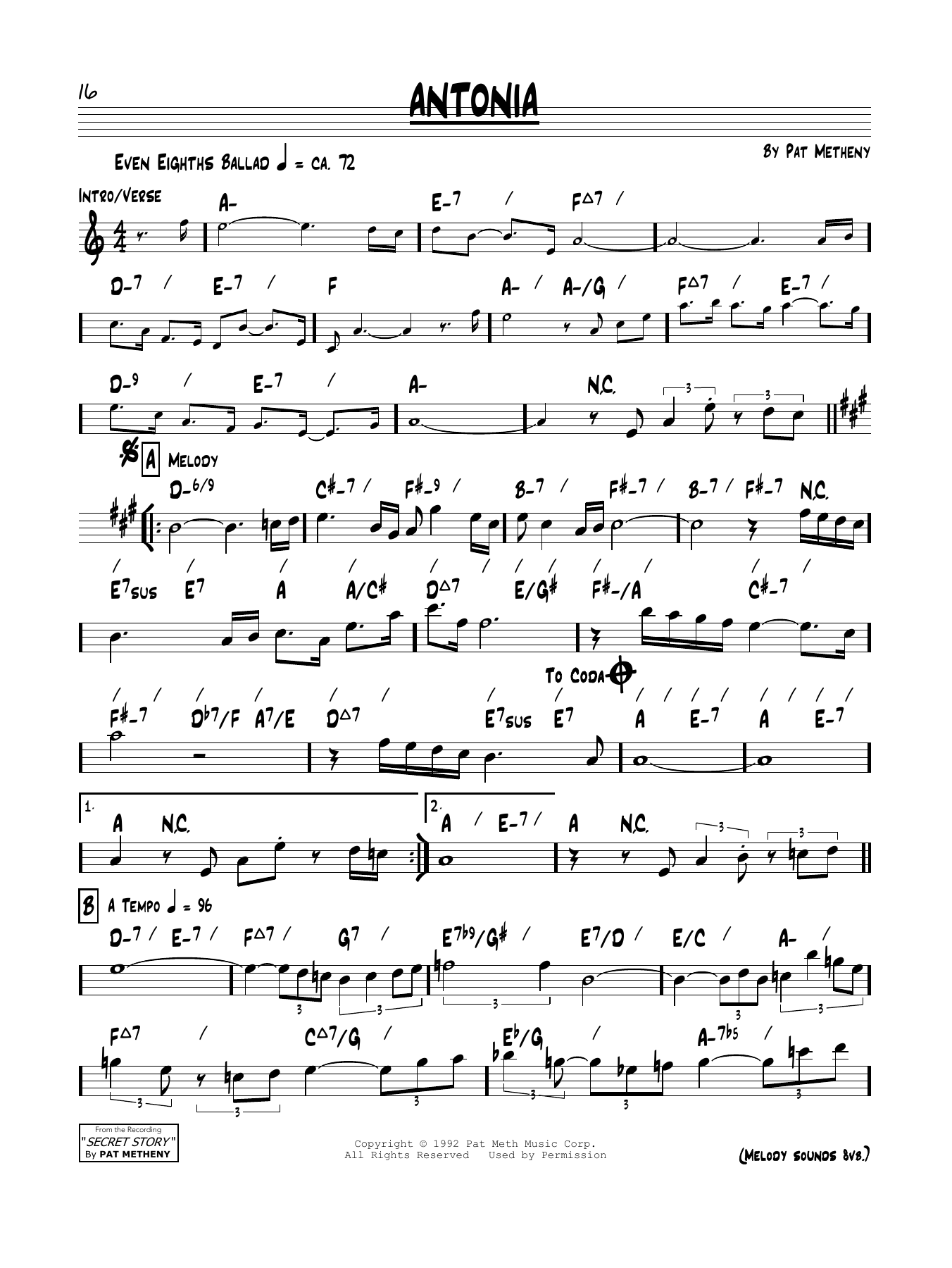 Pat Metheny Antonia sheet music notes and chords arranged for Piano Solo