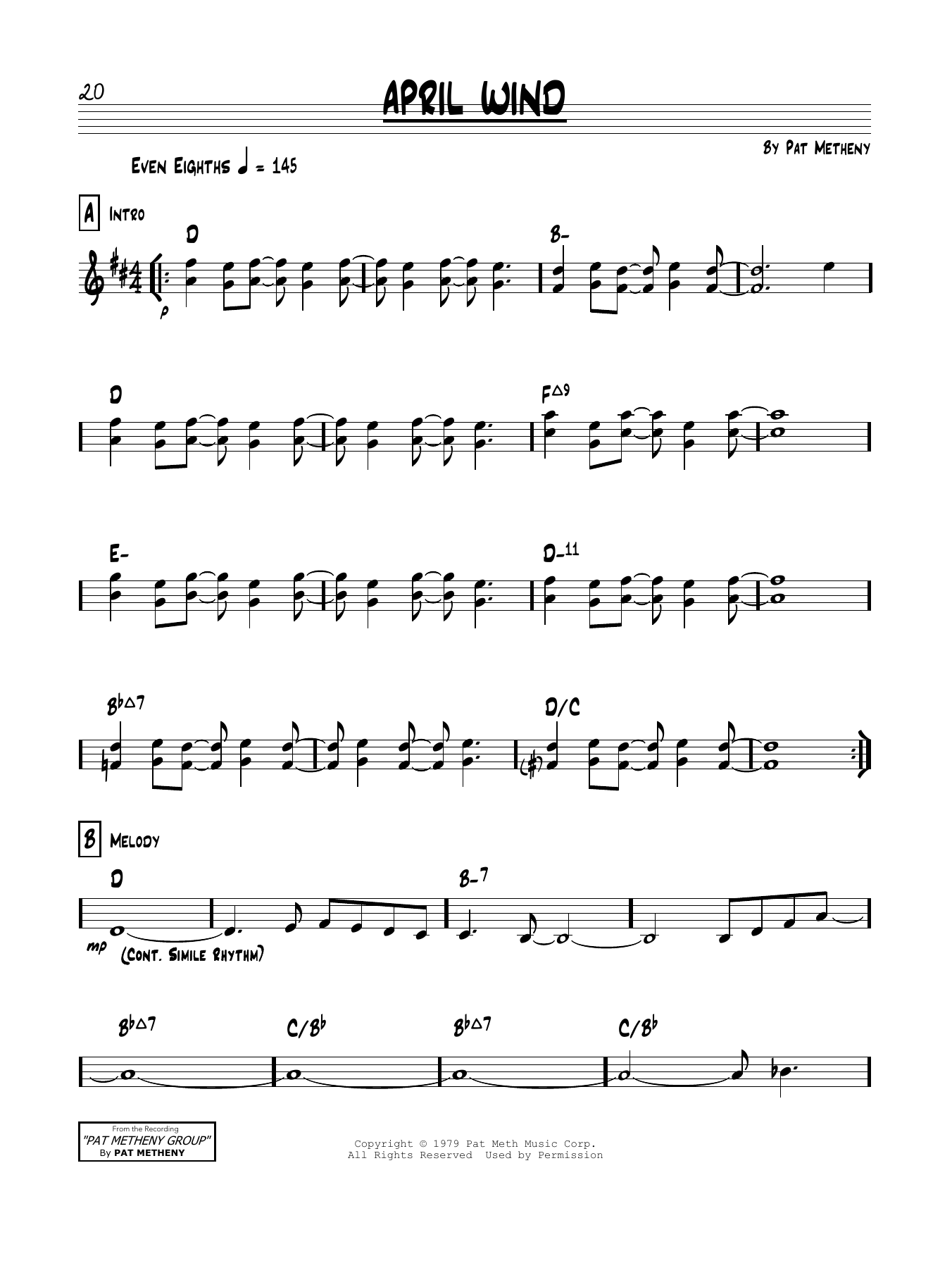 Pat Metheny April Wind sheet music notes and chords arranged for Real Book – Melody & Chords