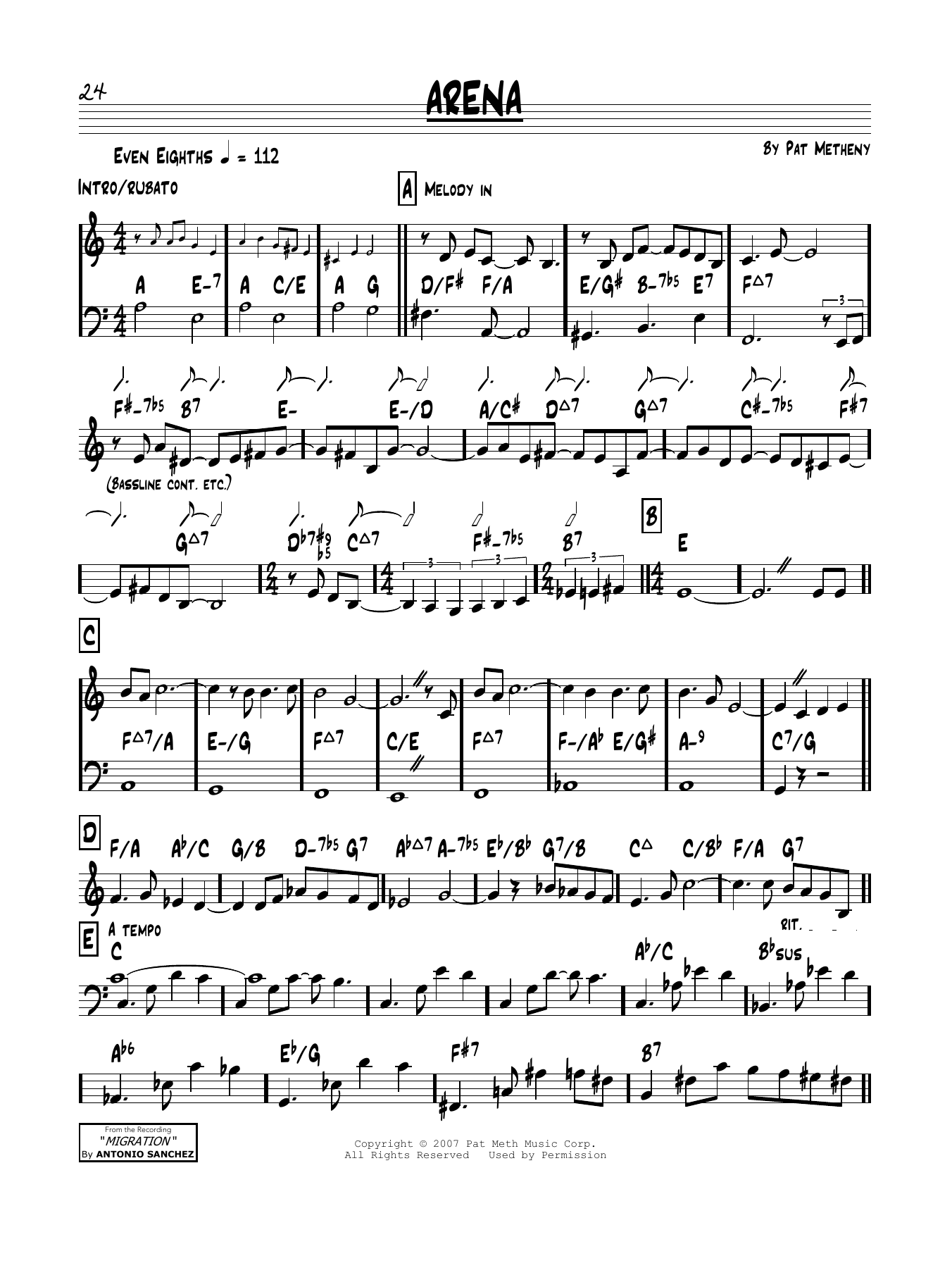 Pat Metheny Arena sheet music notes and chords arranged for Real Book – Melody & Chords