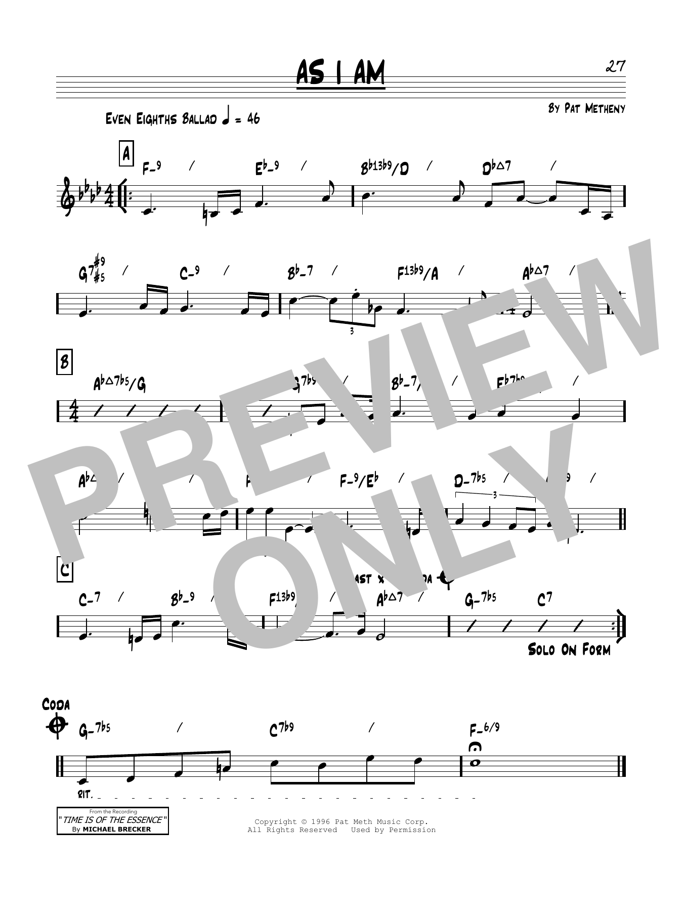 Pat Metheny As I Am sheet music notes and chords arranged for Real Book – Melody & Chords