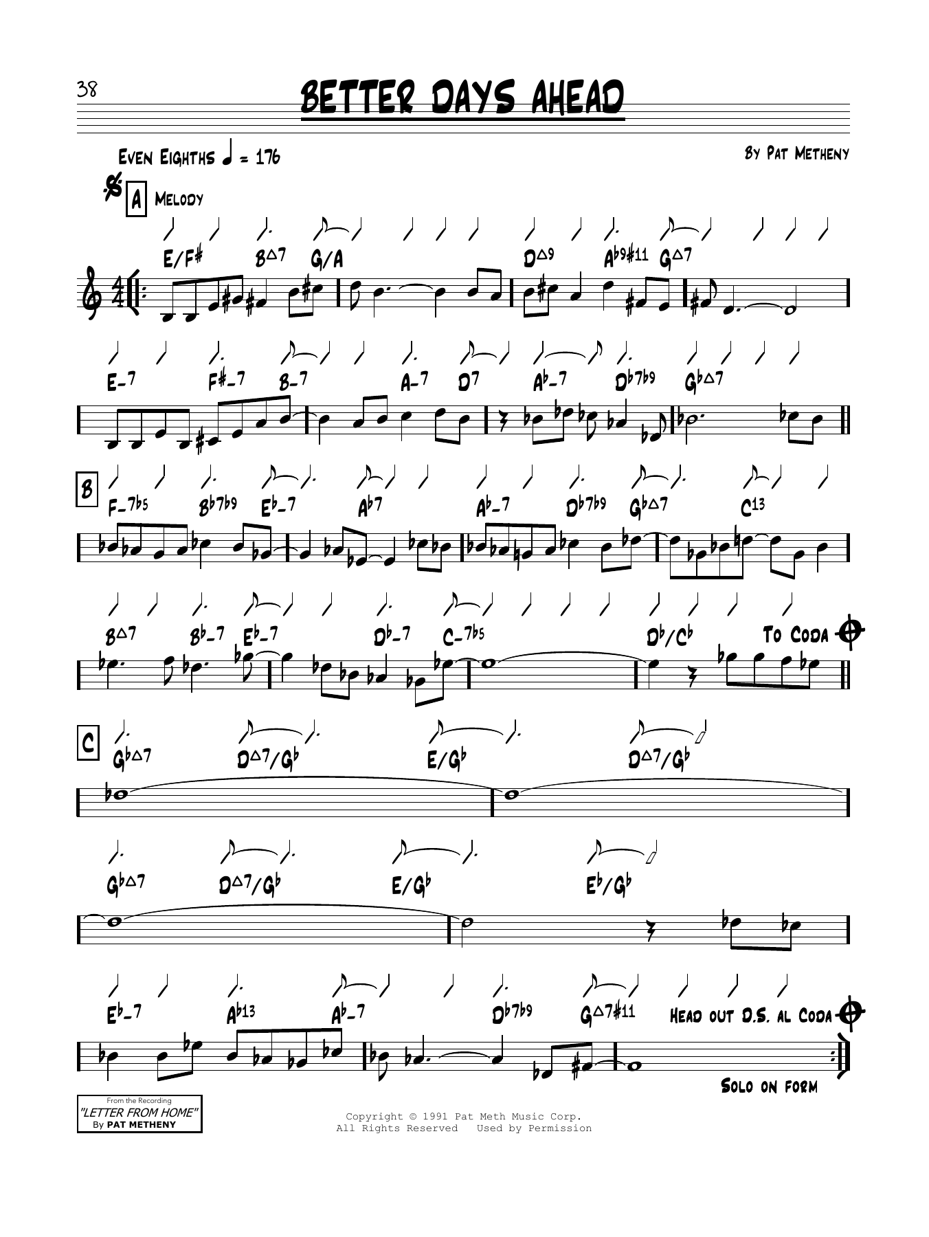 Pat Metheny Better Days Ahead sheet music notes and chords arranged for Real Book – Melody & Chords