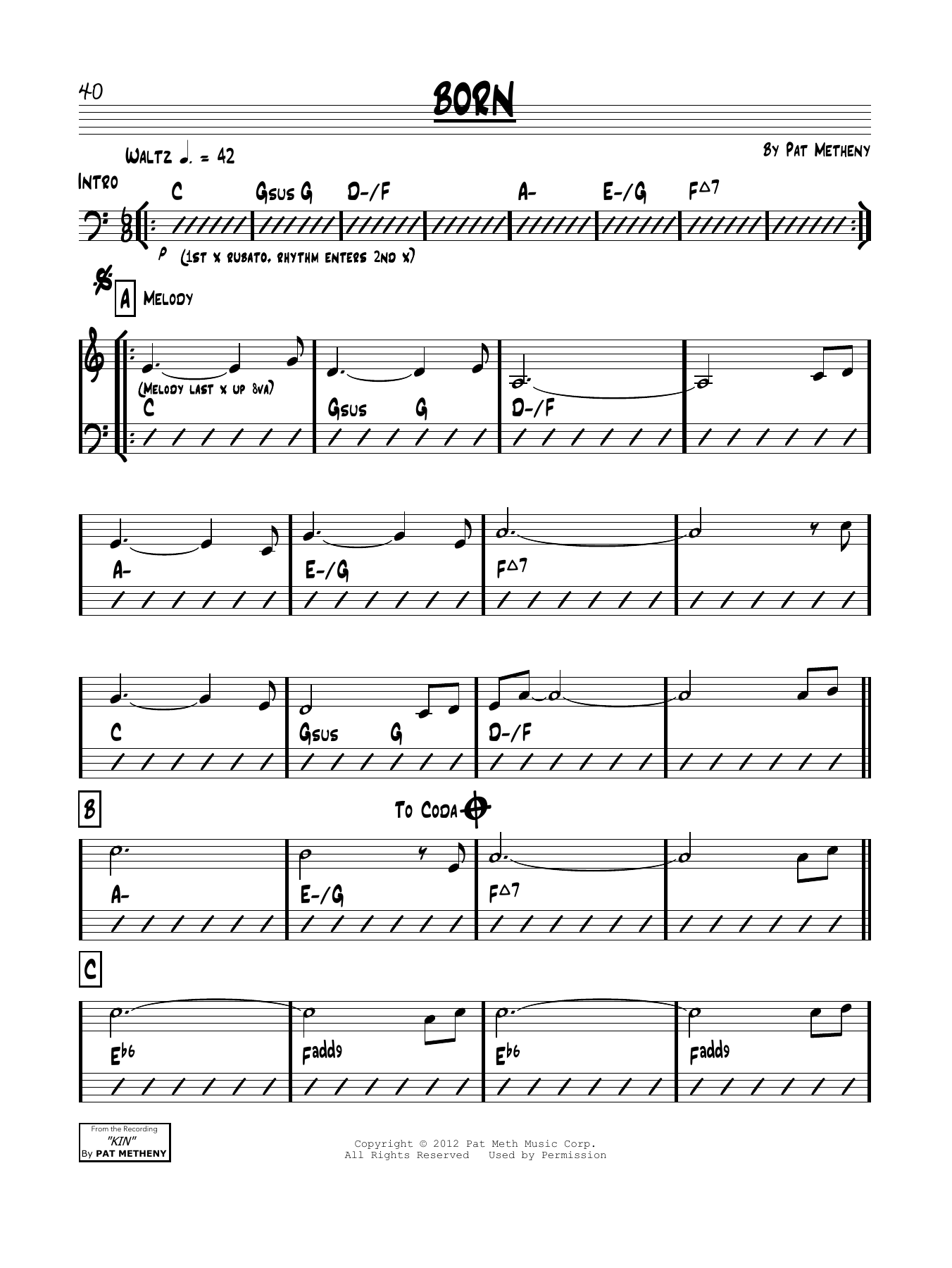 Pat Metheny Born sheet music notes and chords arranged for Real Book – Melody & Chords