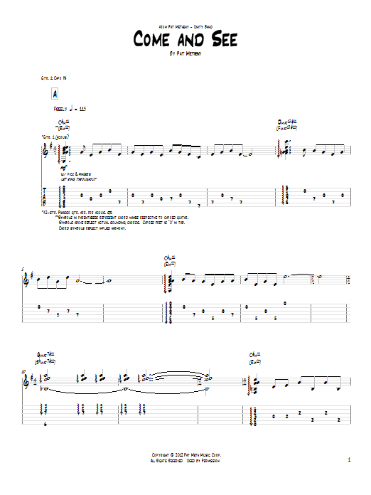 Pat Metheny Come And See sheet music notes and chords arranged for Real Book – Melody & Chords
