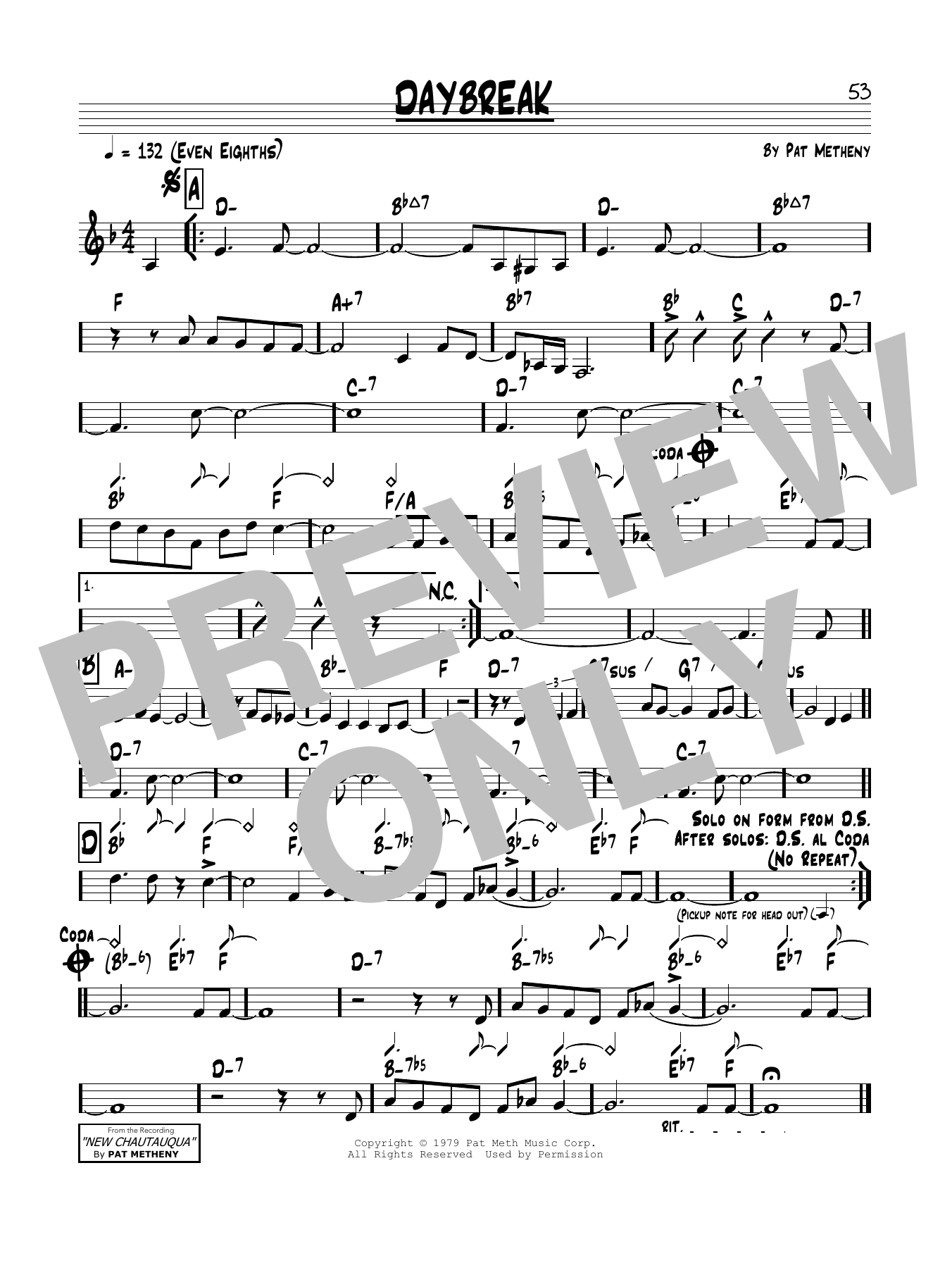 Pat Metheny Daybreak sheet music notes and chords arranged for Real Book – Melody & Chords