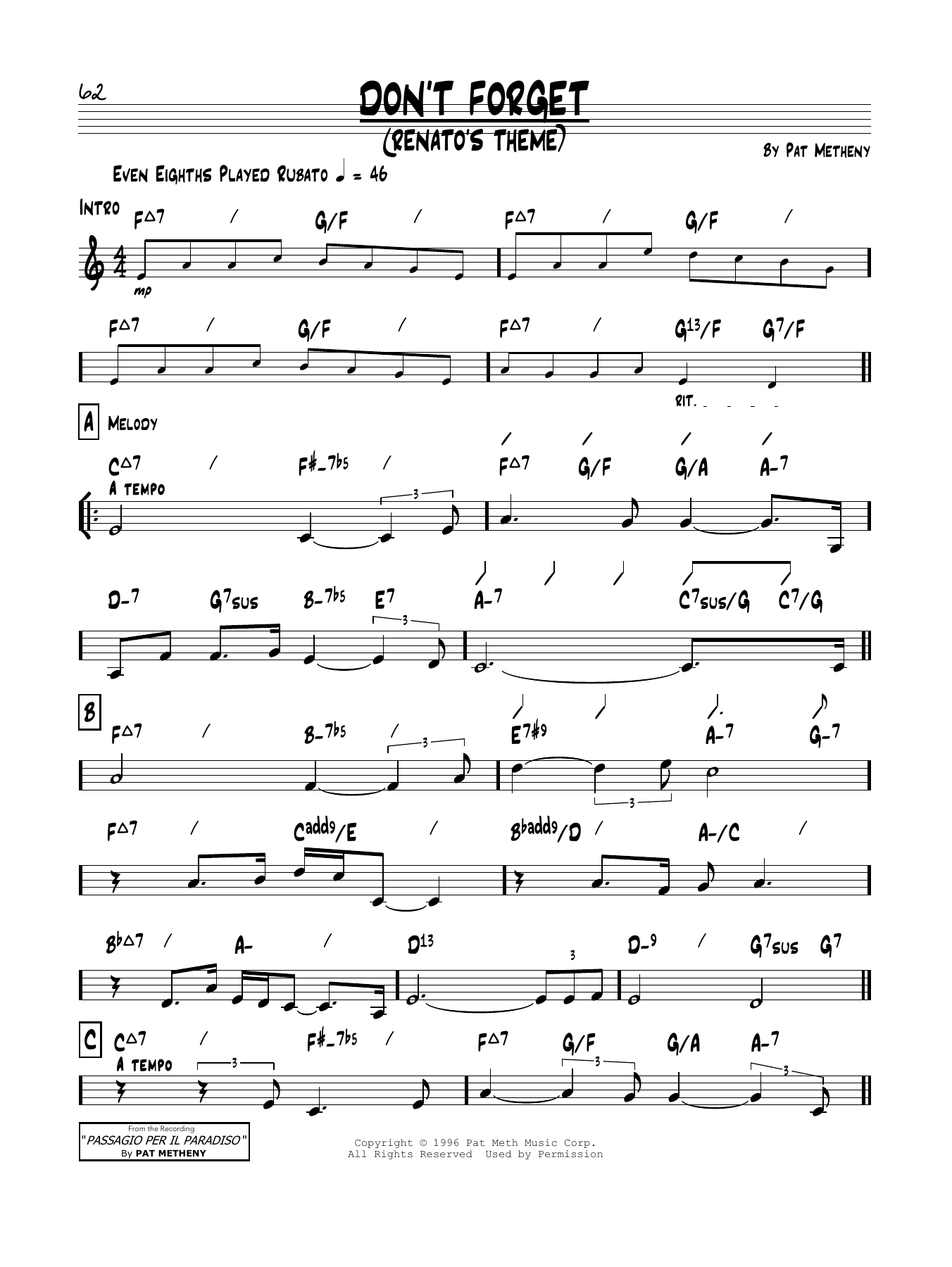 Pat Metheny Don't Forget (Renato's Theme) sheet music notes and chords arranged for Real Book – Melody & Chords