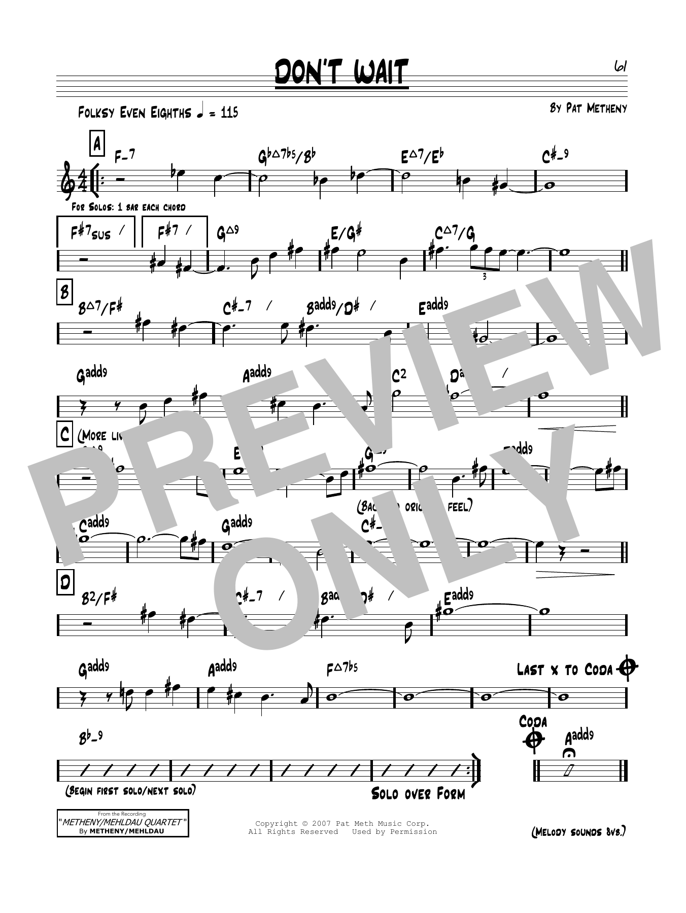 Pat Metheny Don't Wait sheet music notes and chords arranged for Real Book – Melody & Chords