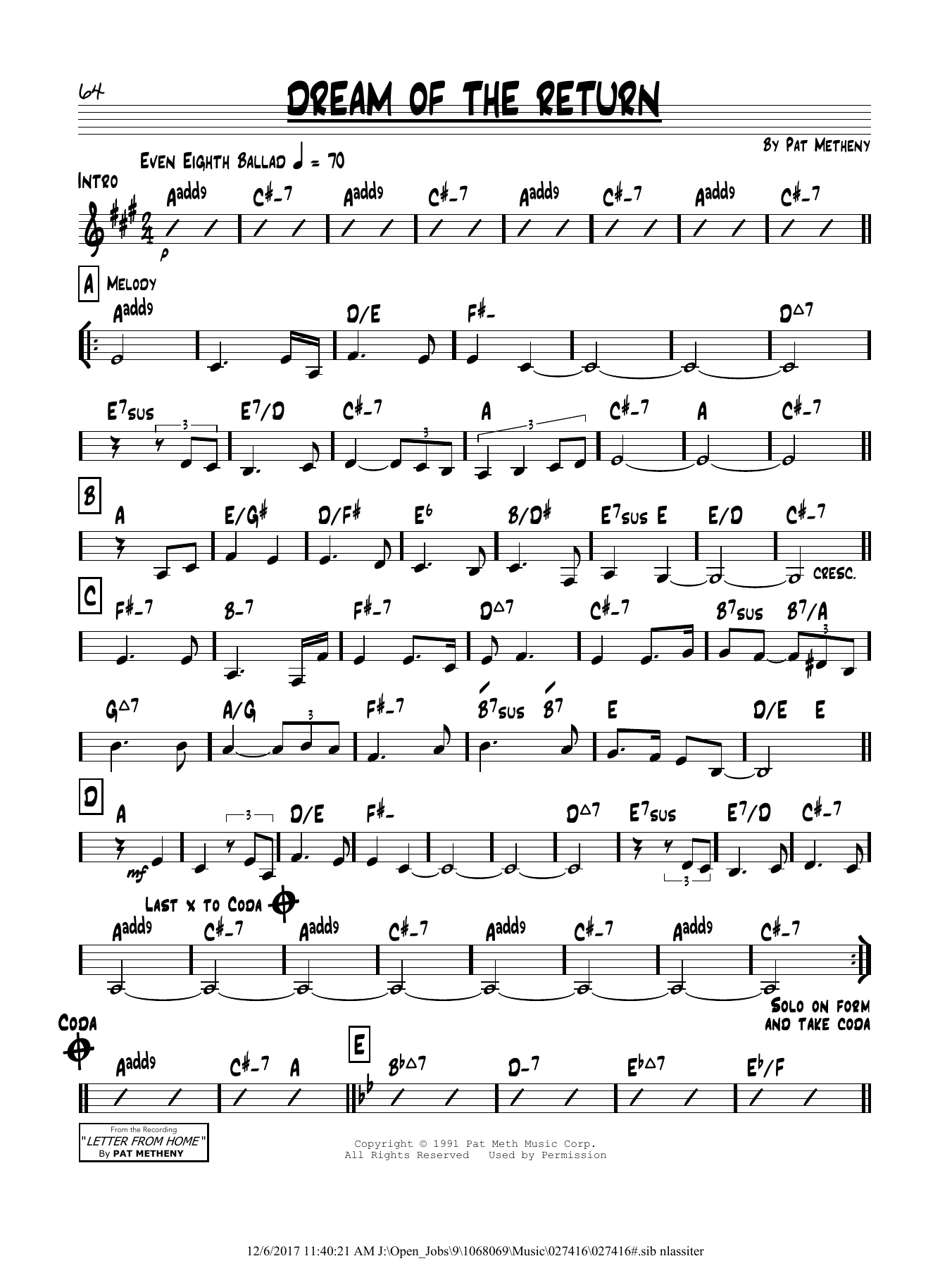 Pat Metheny Dream Of The Return sheet music notes and chords arranged for Real Book – Melody & Chords