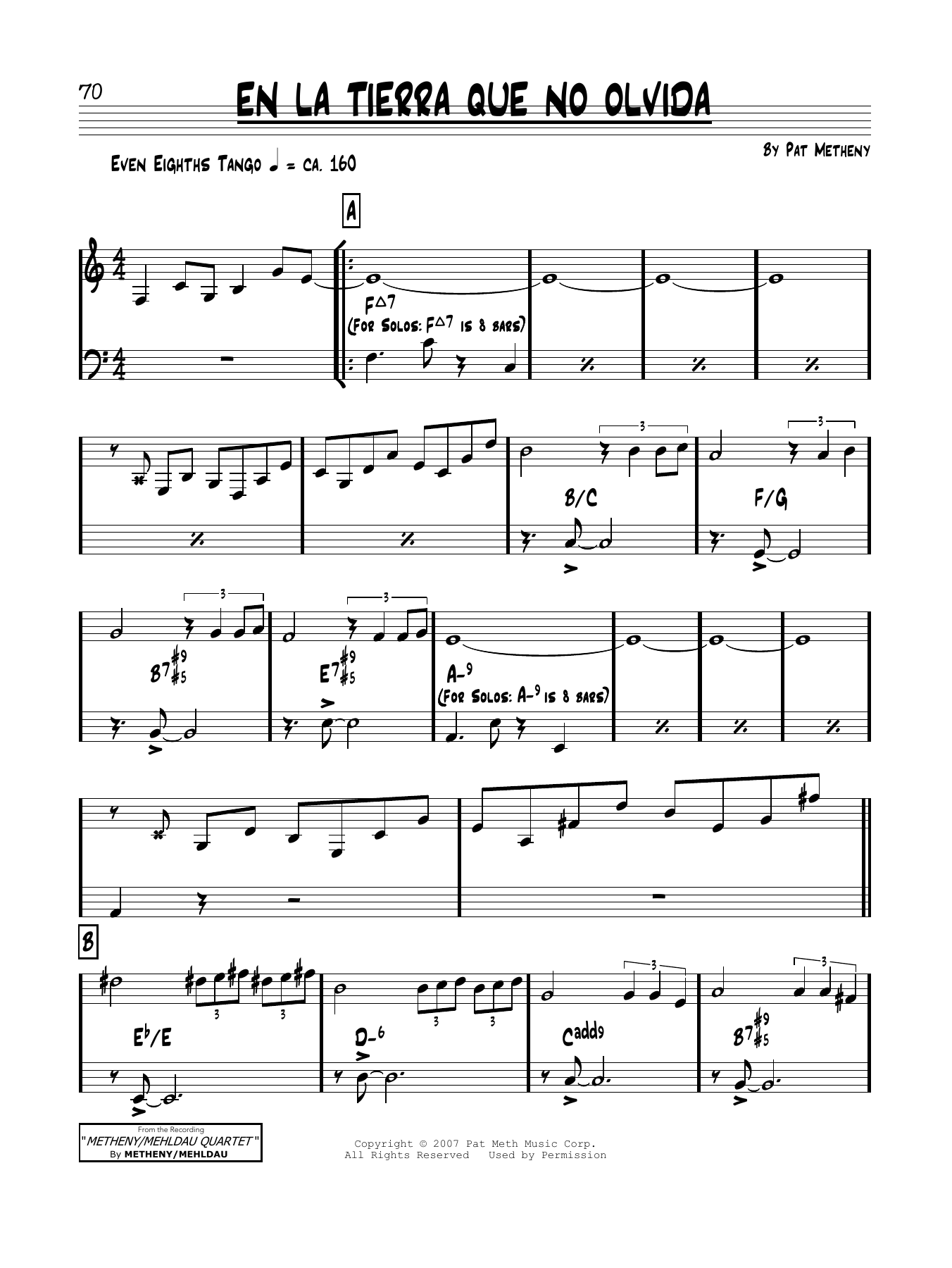 Pat Metheny En La Tierra Que No Olvida sheet music notes and chords arranged for Real Book – Melody & Chords