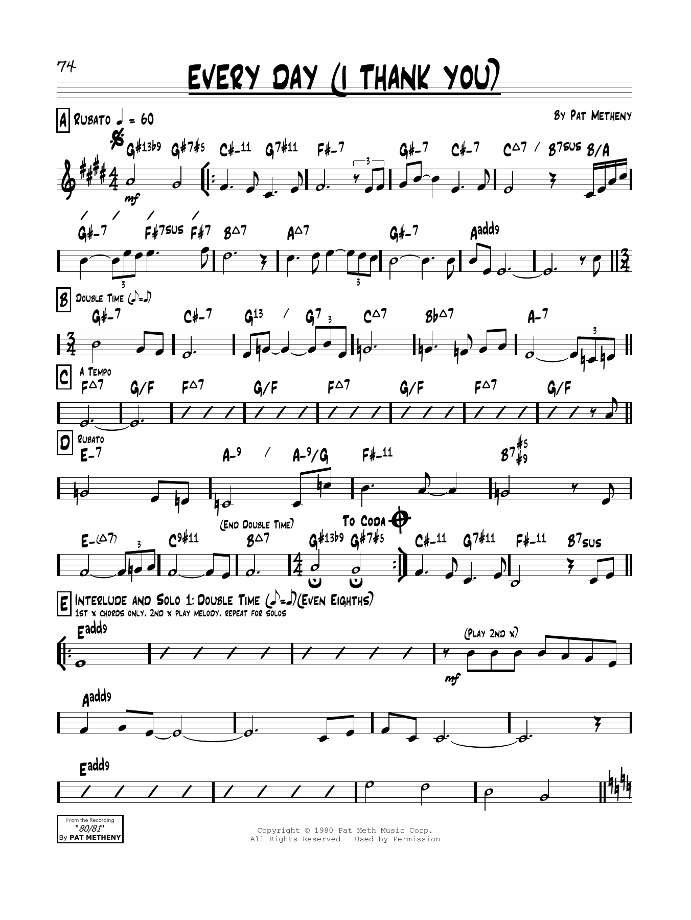 Pat Metheny Every Day (I Thank You) sheet music notes and chords arranged for Real Book – Melody & Chords
