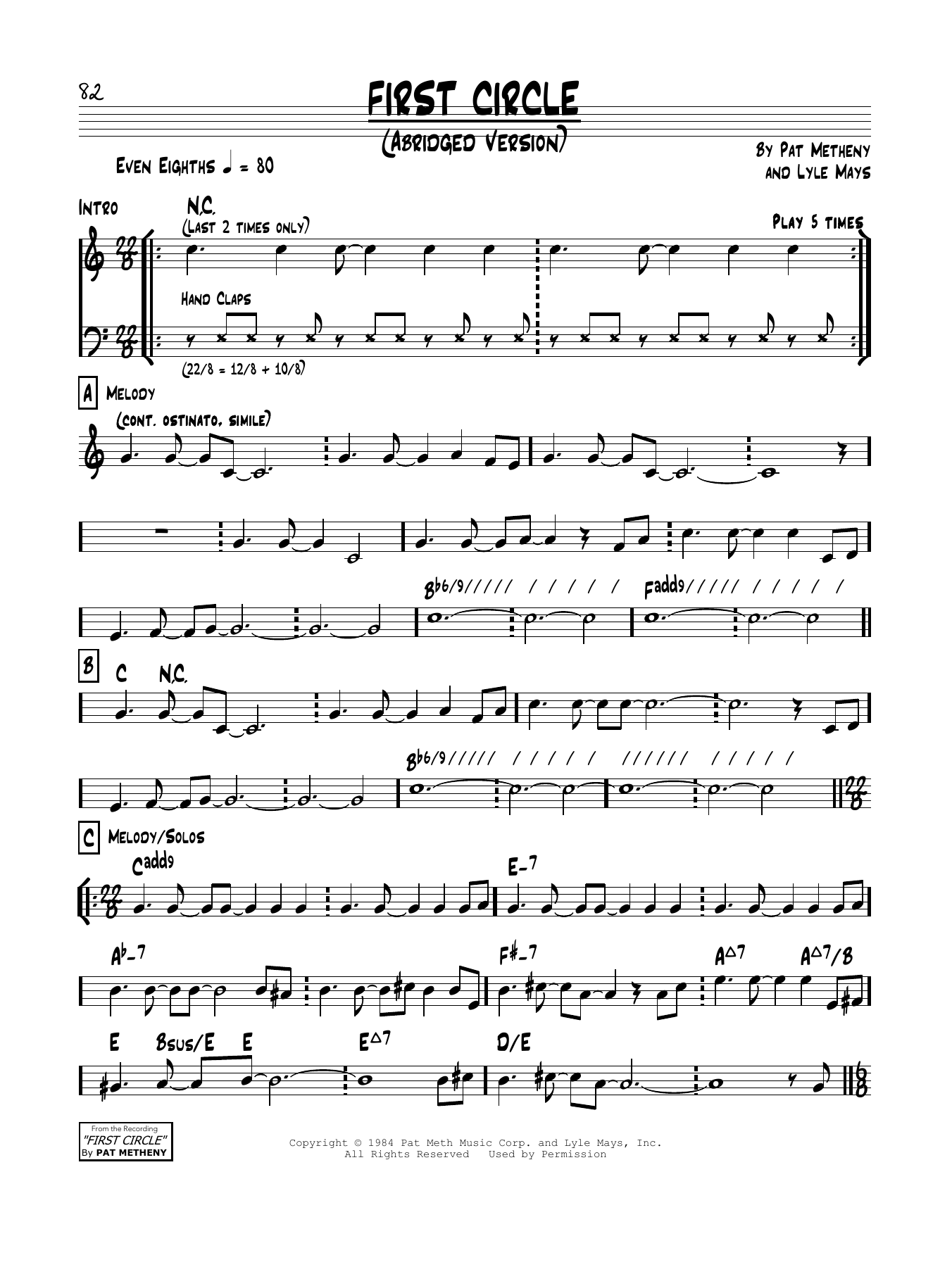 Pat Metheny First Circle sheet music notes and chords arranged for Real Book – Melody & Chords