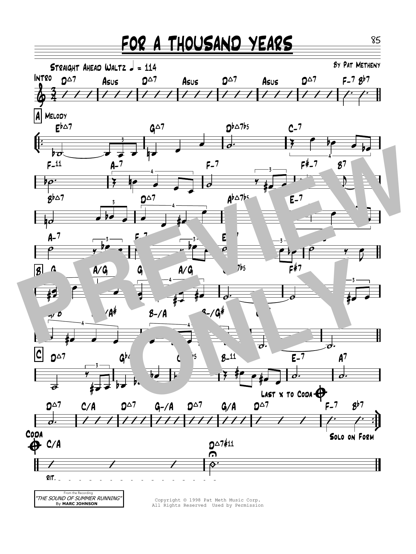 Pat Metheny For A Thousand Years sheet music notes and chords arranged for Real Book – Melody & Chords