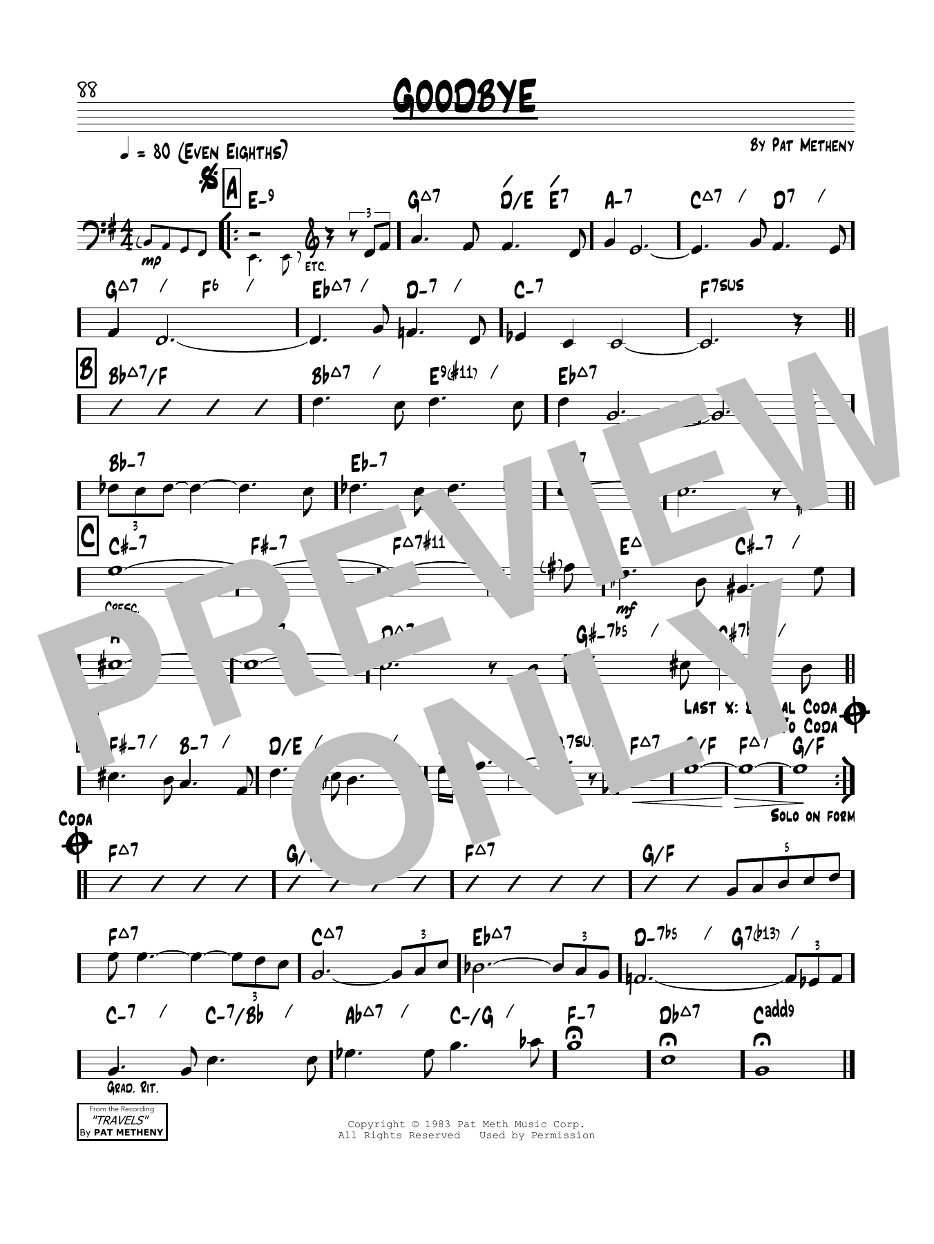 Pat Metheny Goodbye sheet music notes and chords arranged for Real Book – Melody & Chords