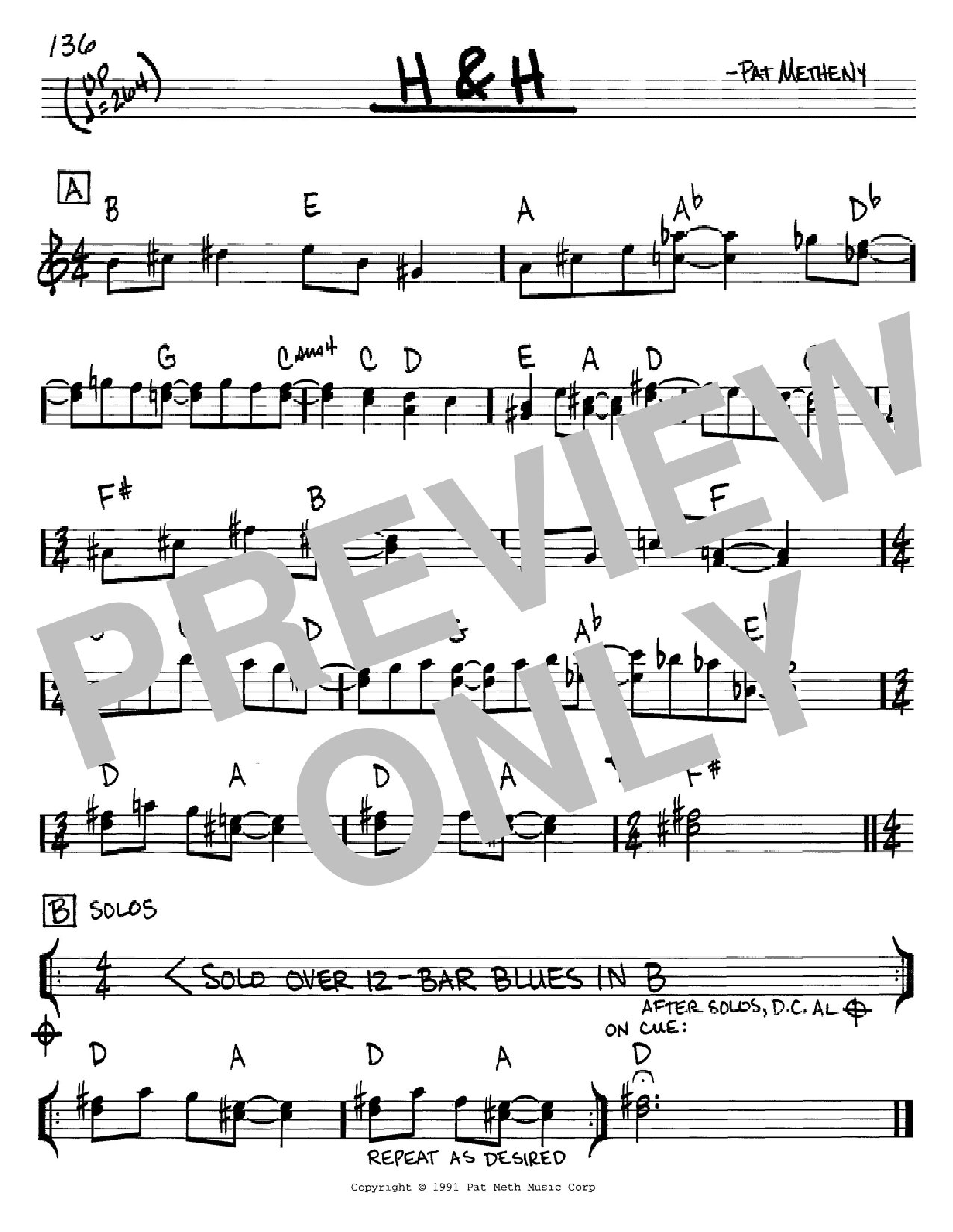 Pat Metheny H & H sheet music notes and chords arranged for Real Book – Melody & Chords – C Instruments