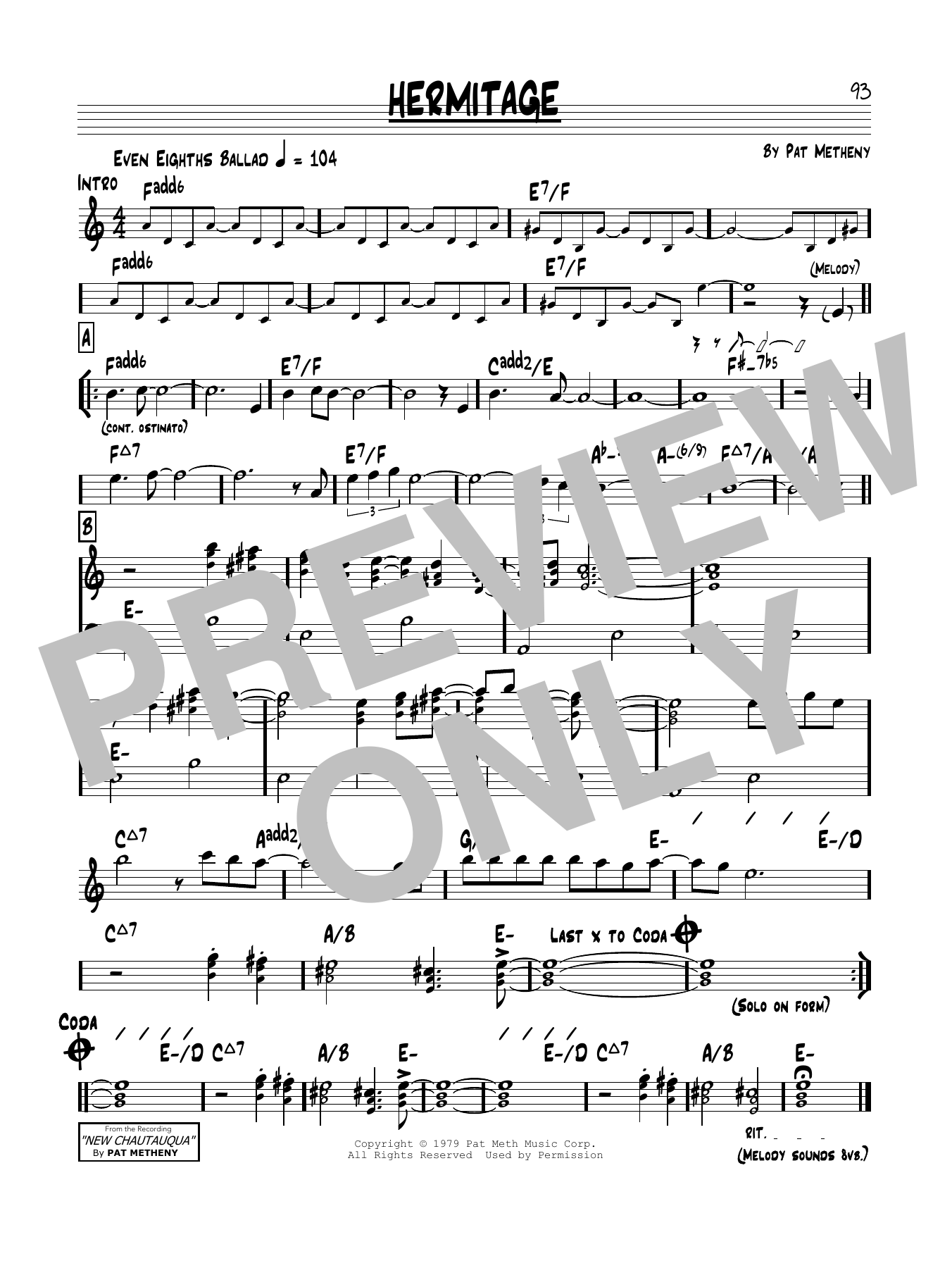 Pat Metheny Hermitage sheet music notes and chords arranged for Real Book – Melody & Chords