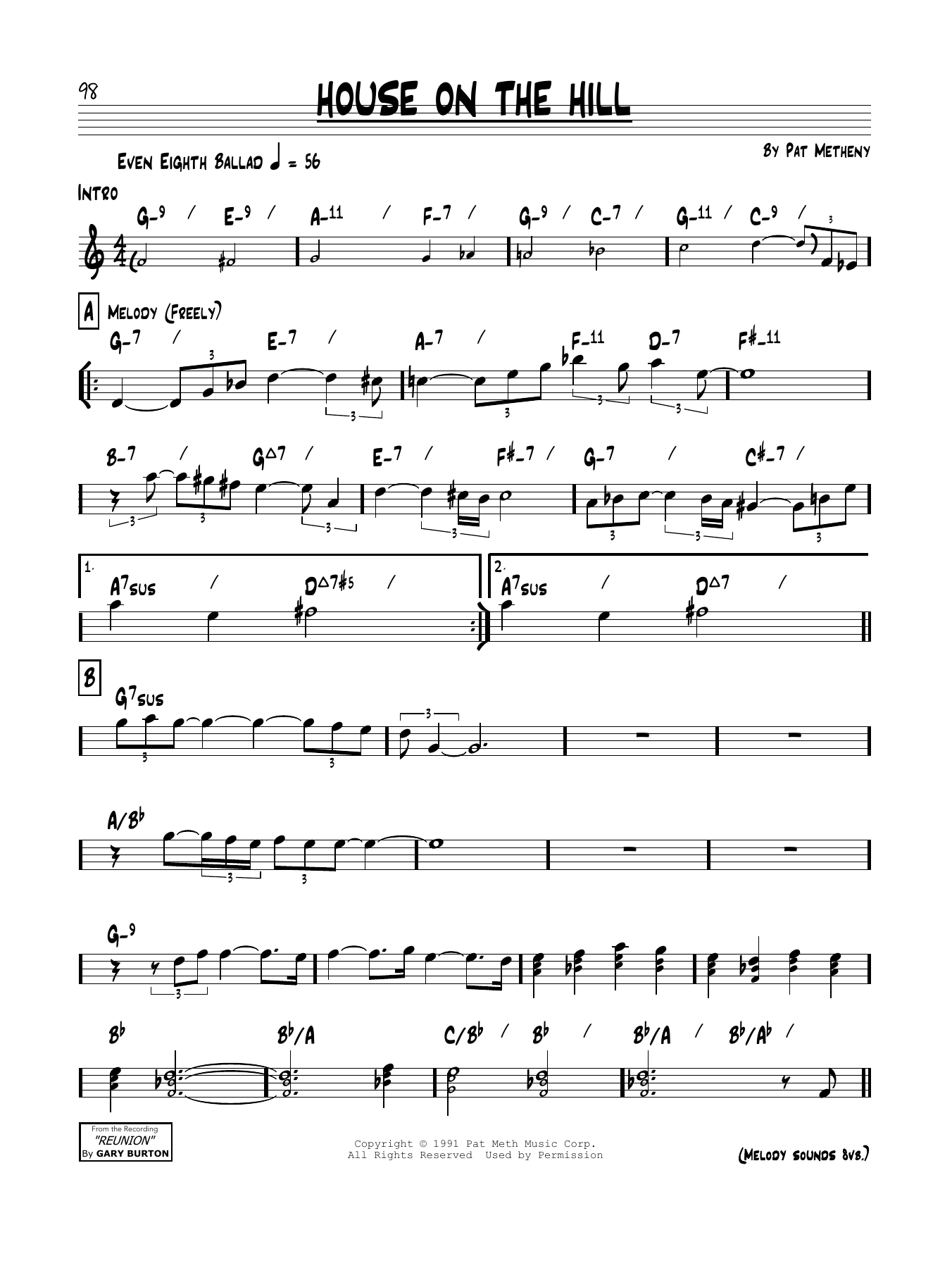 Pat Metheny House On The Hill sheet music notes and chords arranged for Real Book – Melody & Chords