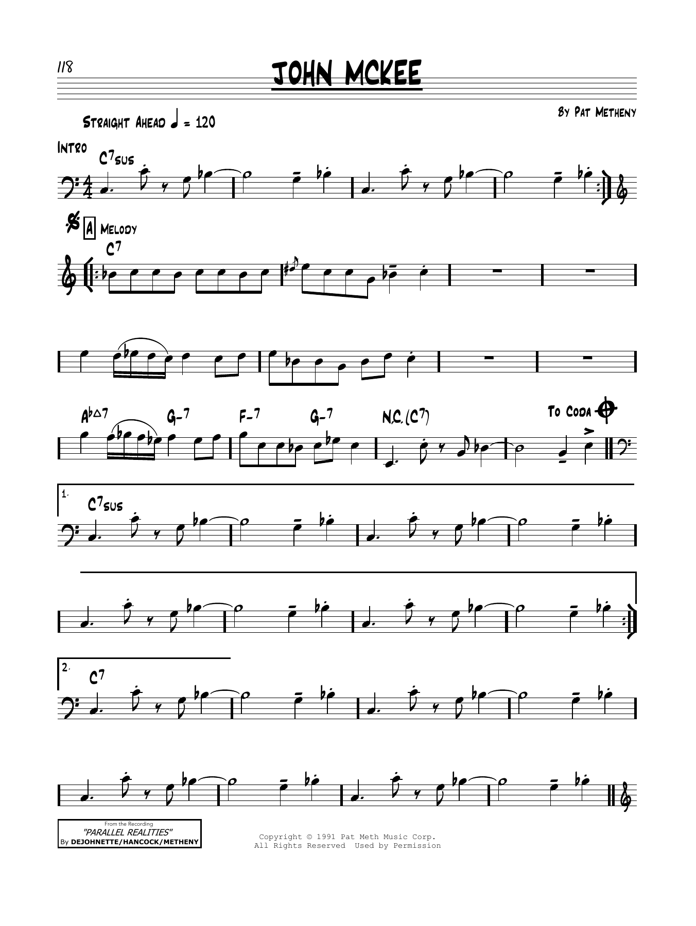 Pat Metheny John McKee sheet music notes and chords arranged for Real Book – Melody & Chords