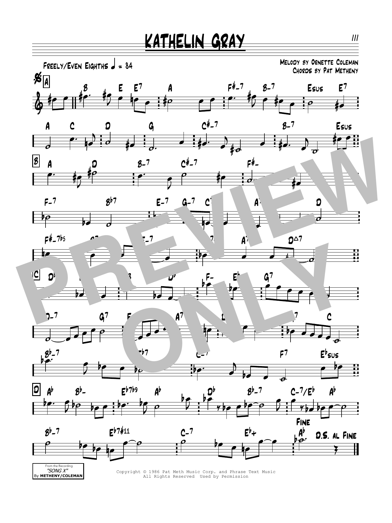 Pat Metheny Kathelin Gray sheet music notes and chords arranged for Real Book – Melody & Chords
