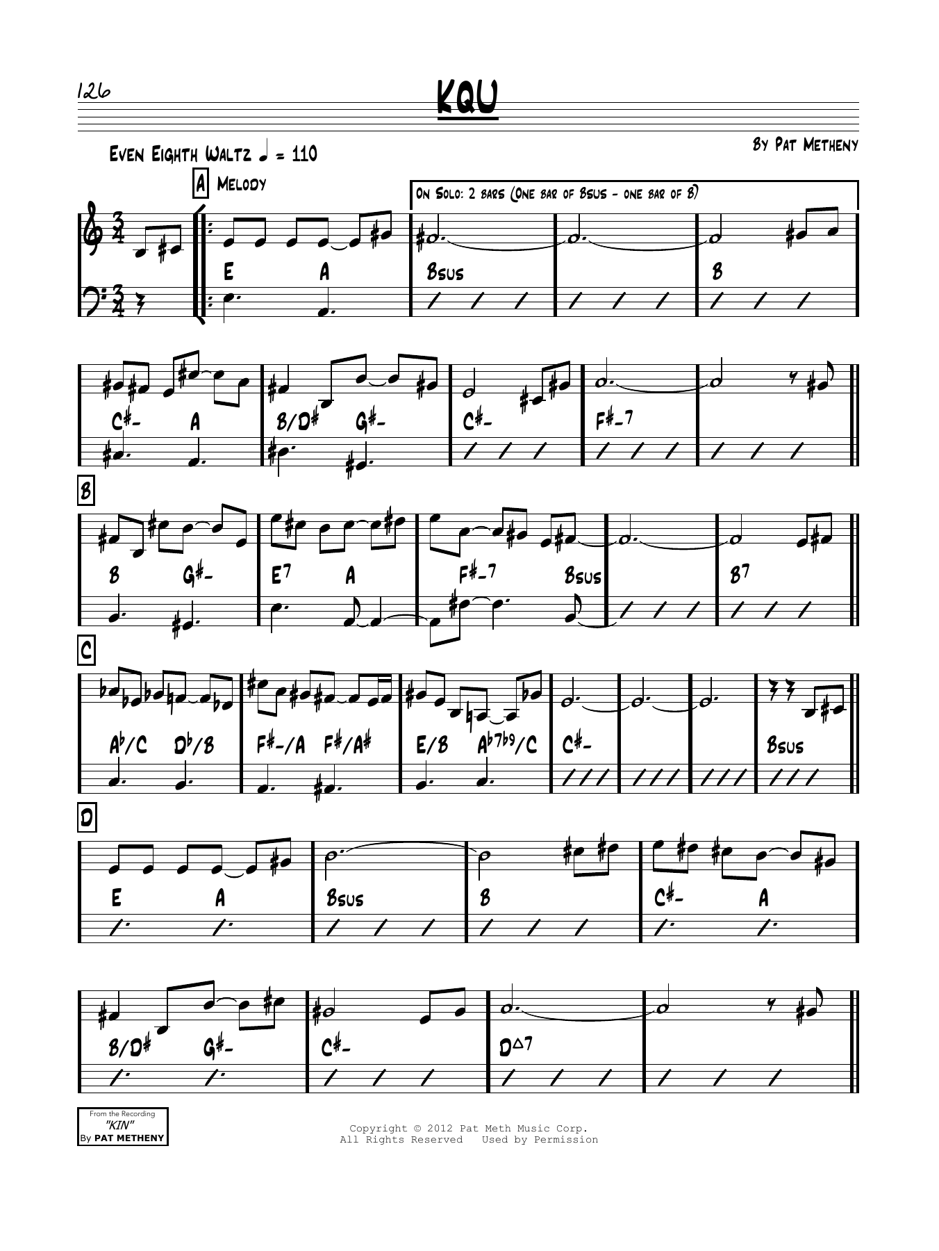 Pat Metheny KQU sheet music notes and chords arranged for Real Book – Melody & Chords