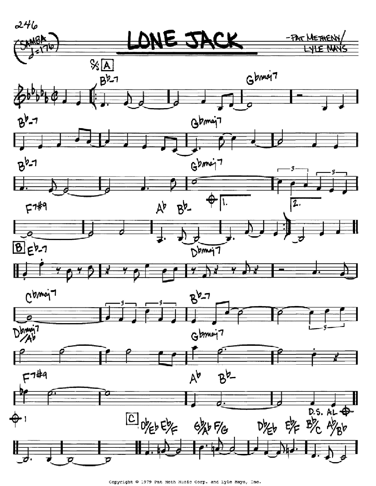 Pat Metheny Lone Jack sheet music notes and chords arranged for Real Book – Melody & Chords – C Instruments