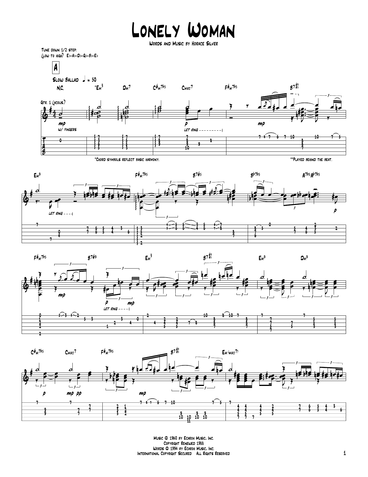 Pat Metheny Lonely Woman sheet music notes and chords arranged for Guitar Tab