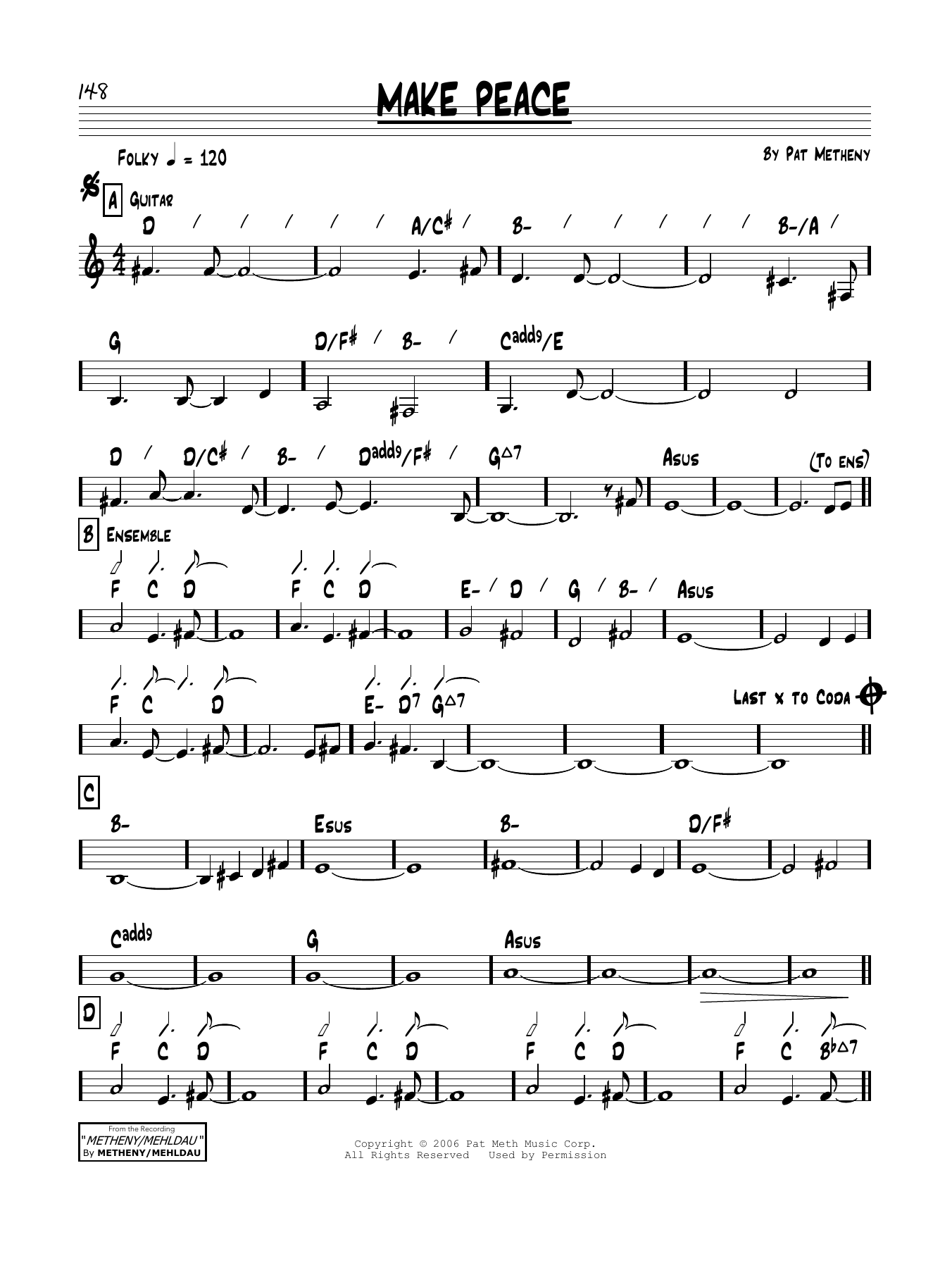 Pat Metheny Make Peace sheet music notes and chords arranged for Real Book – Melody & Chords