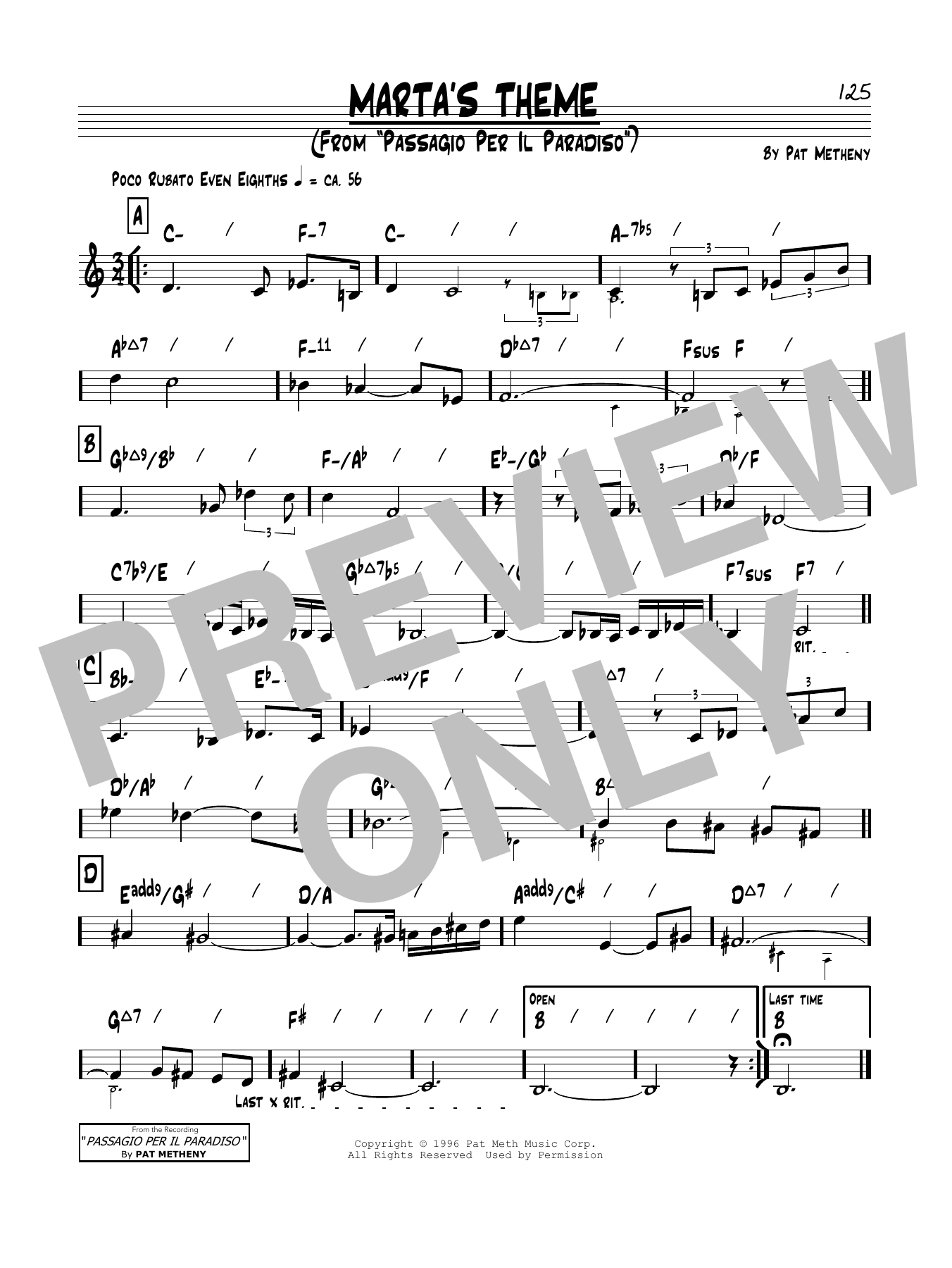 Pat Metheny Marta's Theme sheet music notes and chords arranged for Real Book – Melody & Chords