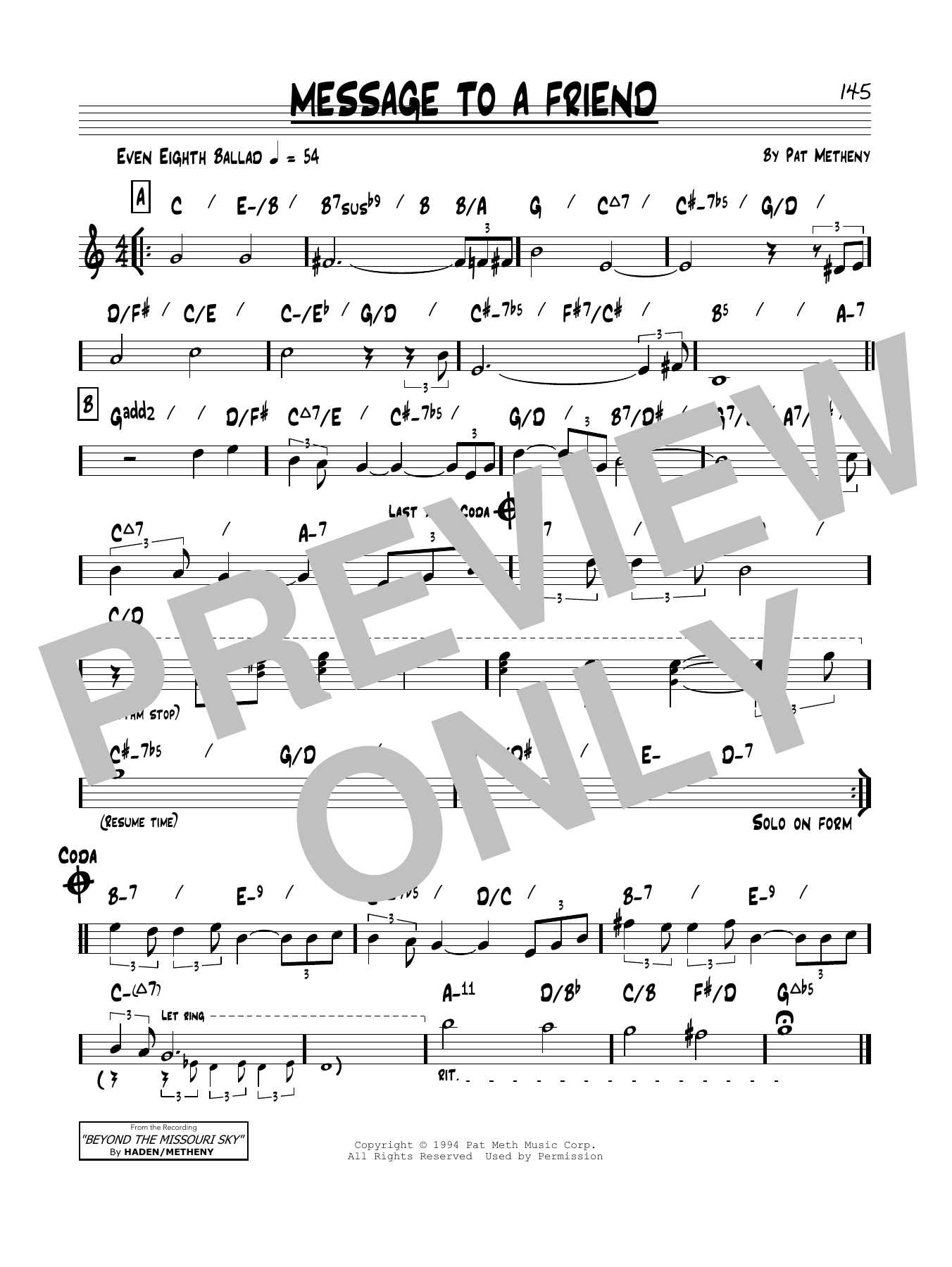 Pat Metheny Message To A Friend sheet music notes and chords arranged for Real Book – Melody & Chords