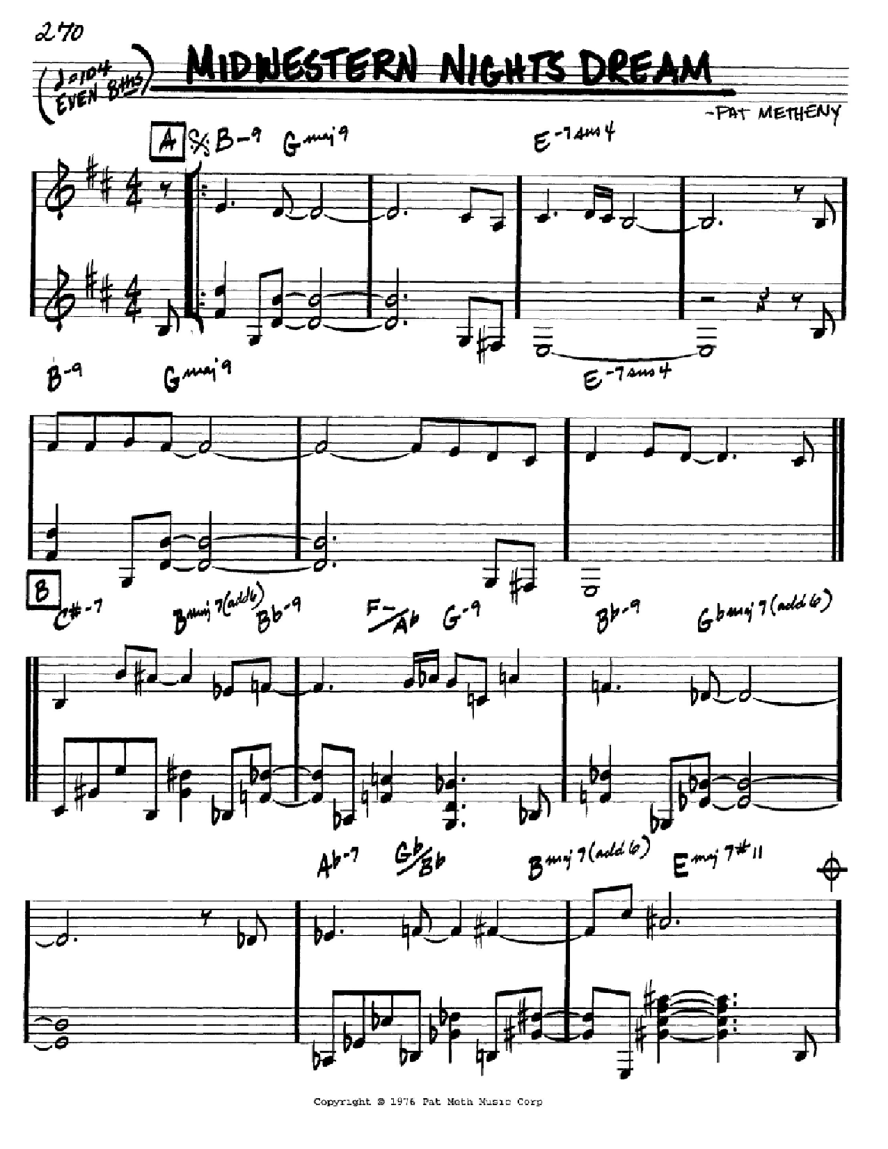 Pat Metheny Midwestern Nights Dream sheet music notes and chords arranged for Real Book – Melody & Chords – Bb Instruments