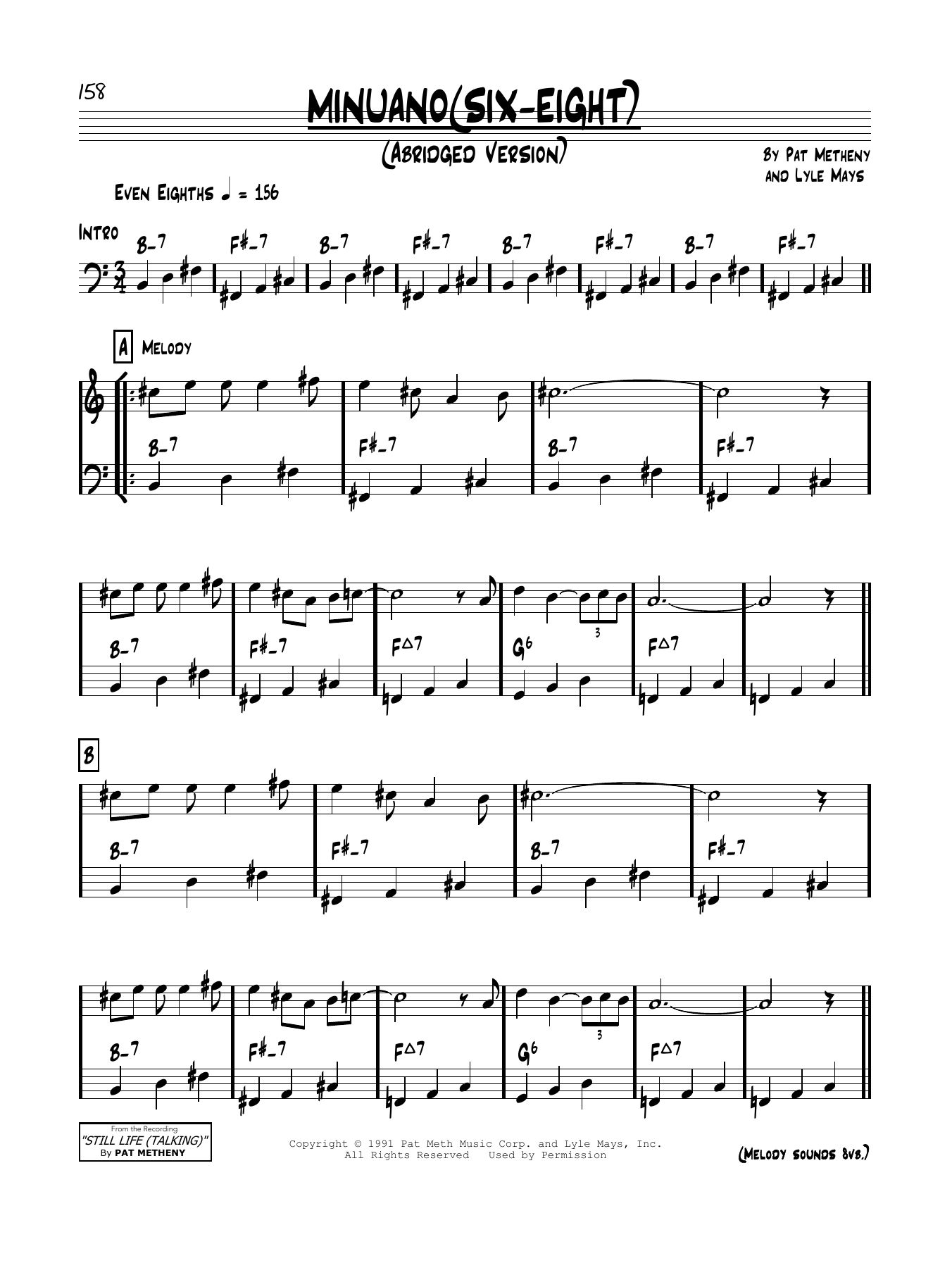 Pat Metheny Minuano (Six-Eight) sheet music notes and chords arranged for Piano Solo