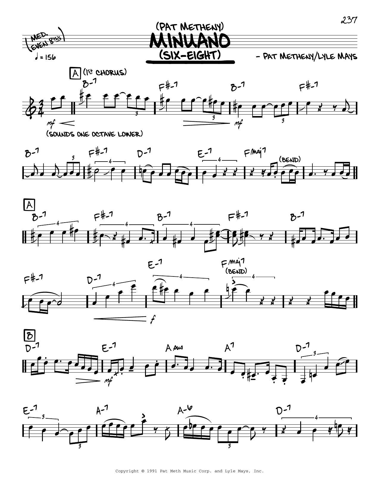 Pat Metheny Minuano (Six-Eight) (solo only) sheet music notes and chords arranged for Real Book – Melody & Chords