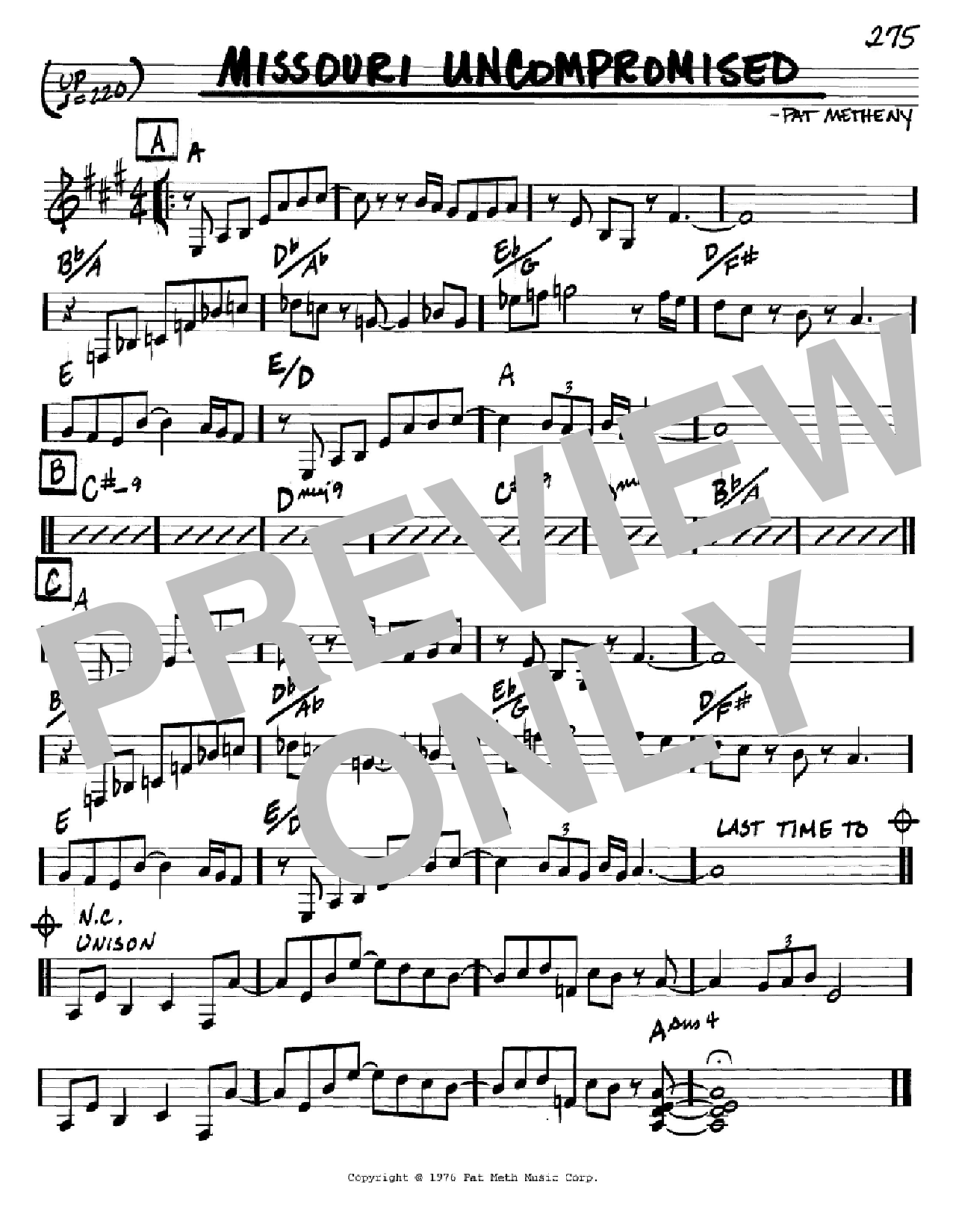 Pat Metheny Missouri Uncompromised sheet music notes and chords arranged for Real Book – Melody & Chords – Bb Instruments