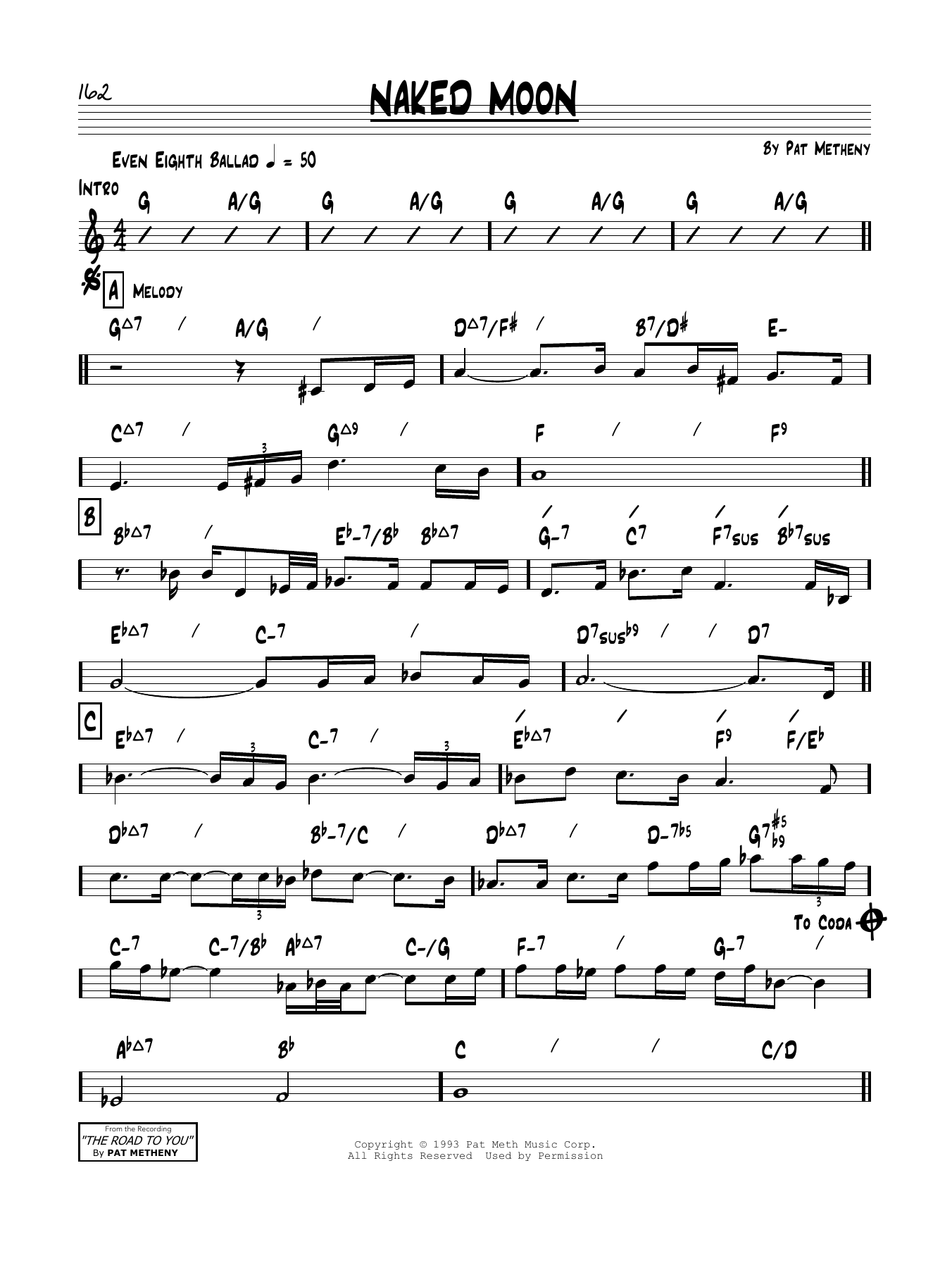 Pat Metheny Naked Moon sheet music notes and chords arranged for Real Book – Melody & Chords