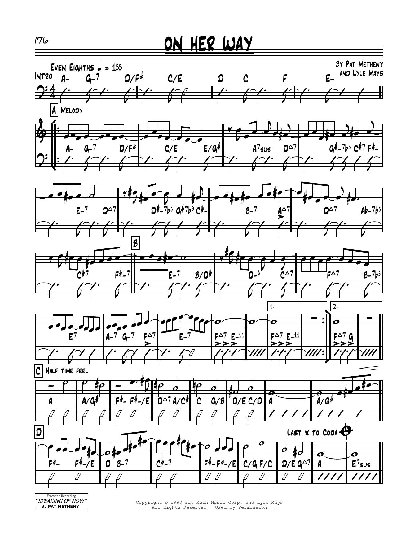 Pat Metheny On Her Way sheet music notes and chords arranged for Real Book – Melody & Chords