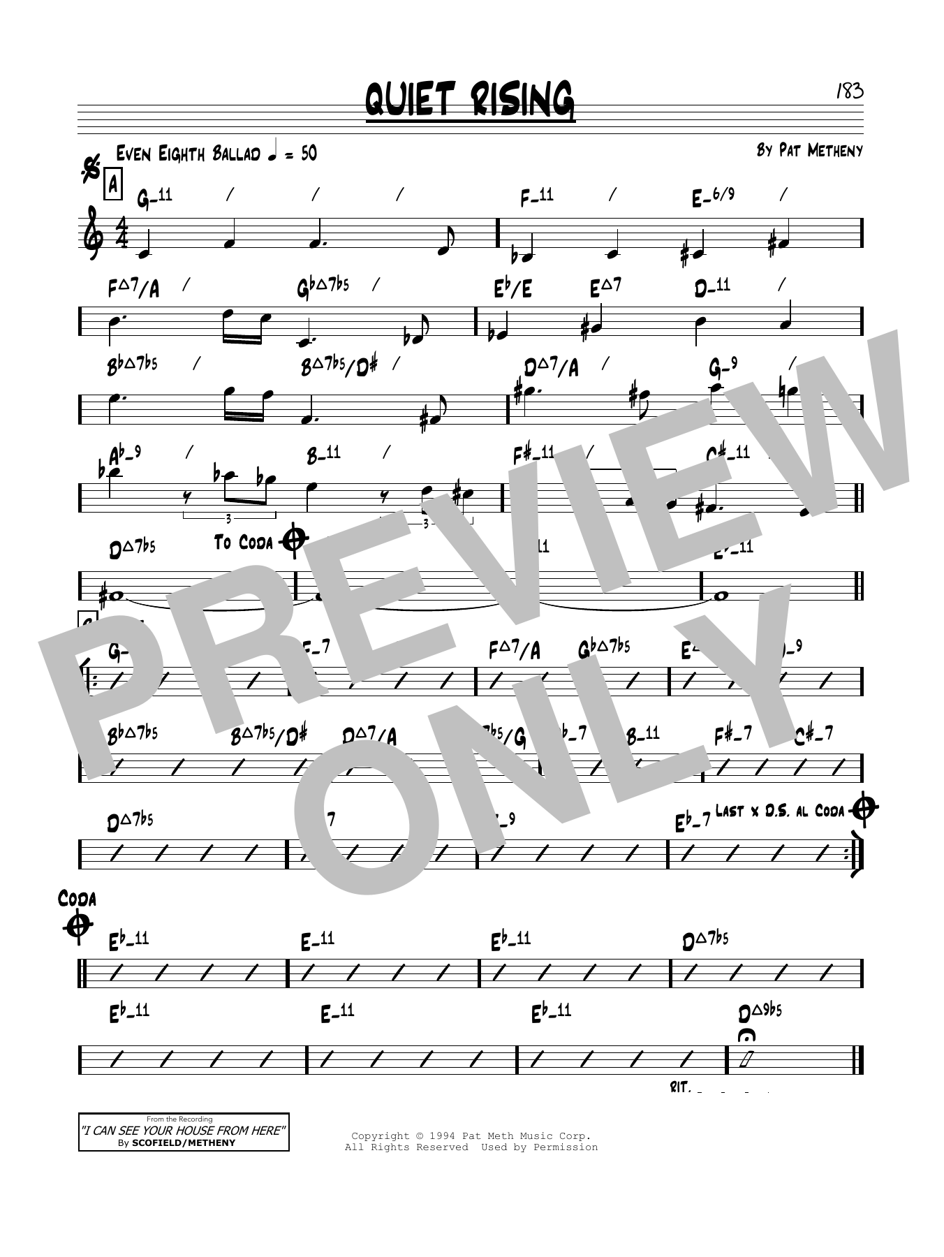Pat Metheny Quiet Rising sheet music notes and chords arranged for Real Book – Melody & Chords