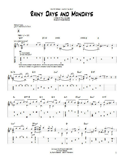 Pat Metheny Rainy Days And Mondays sheet music notes and chords arranged for Guitar Tab