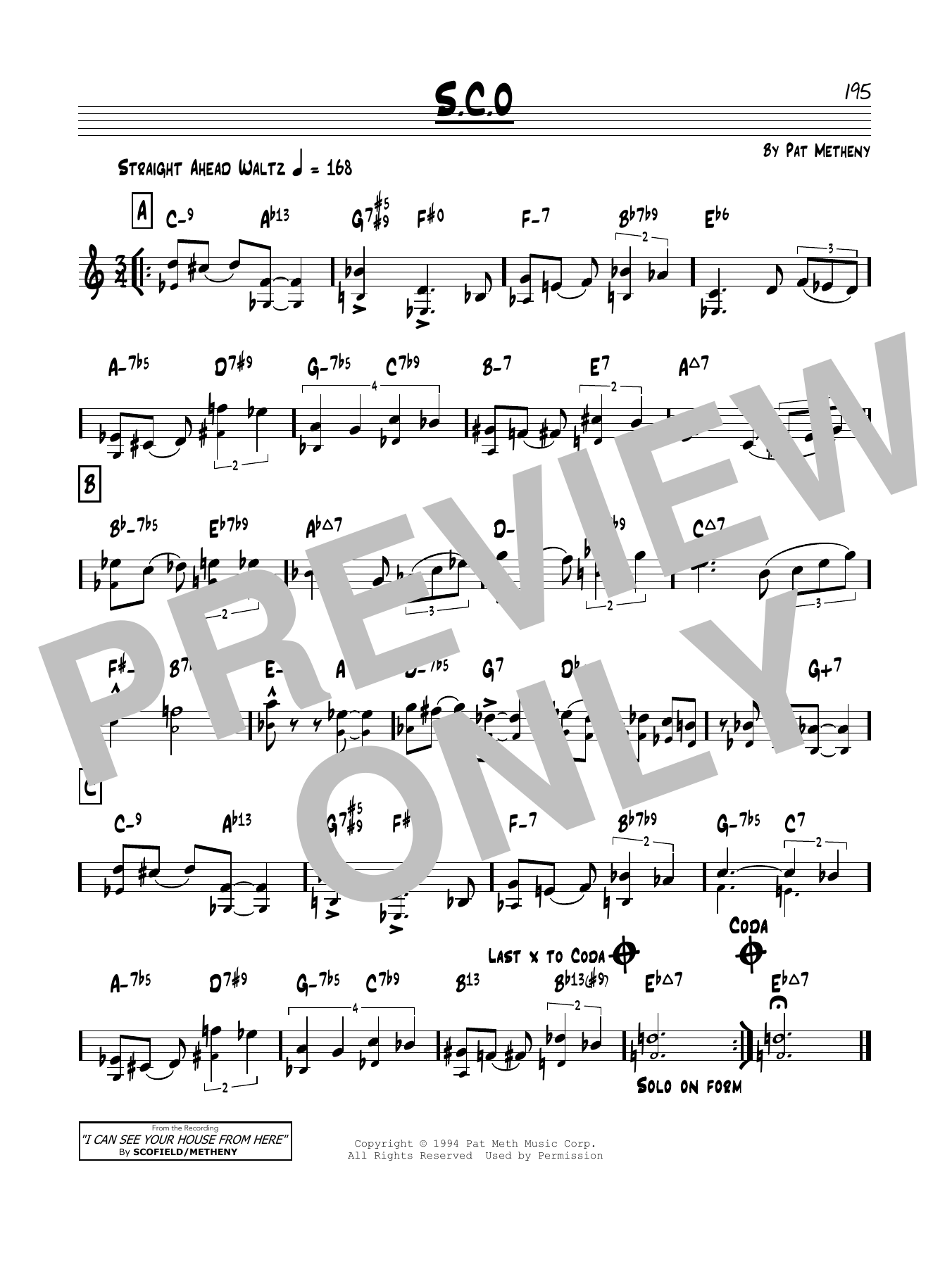 Pat Metheny S.C.O. sheet music notes and chords arranged for Real Book – Melody & Chords