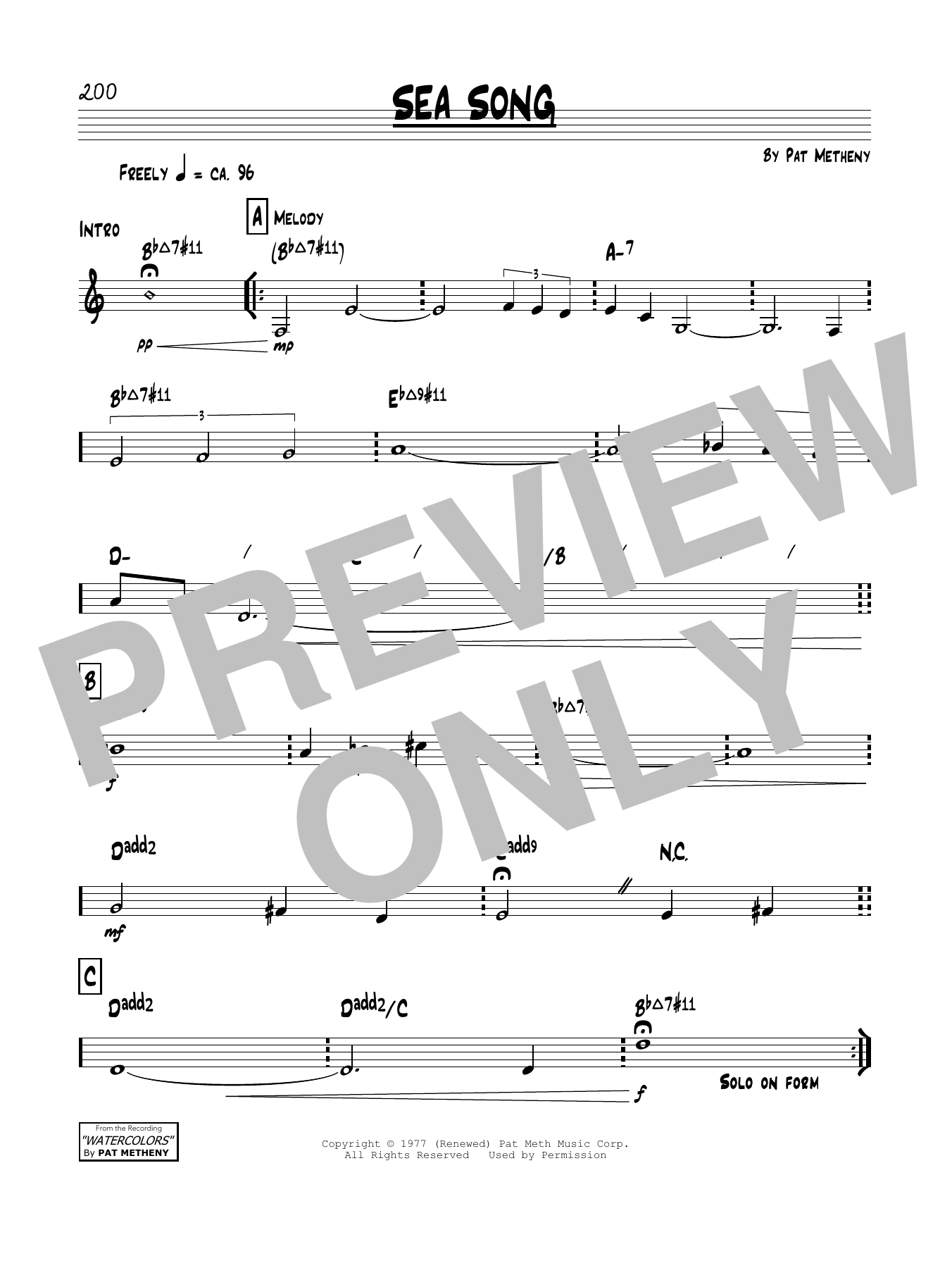 Pat Metheny Sea Song sheet music notes and chords arranged for Real Book – Melody & Chords