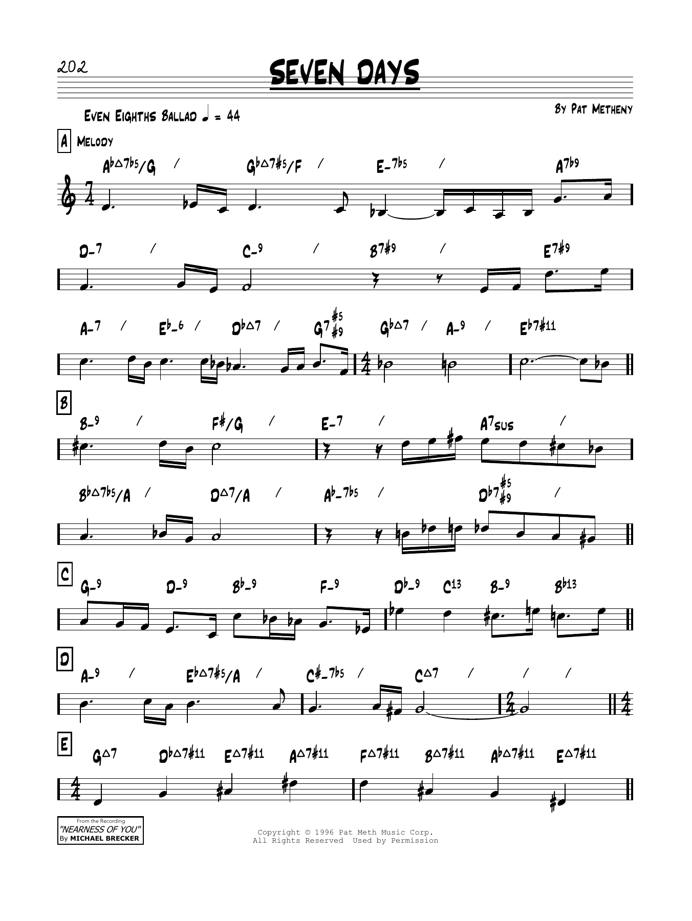 Pat Metheny Seven Days sheet music notes and chords arranged for Real Book – Melody & Chords