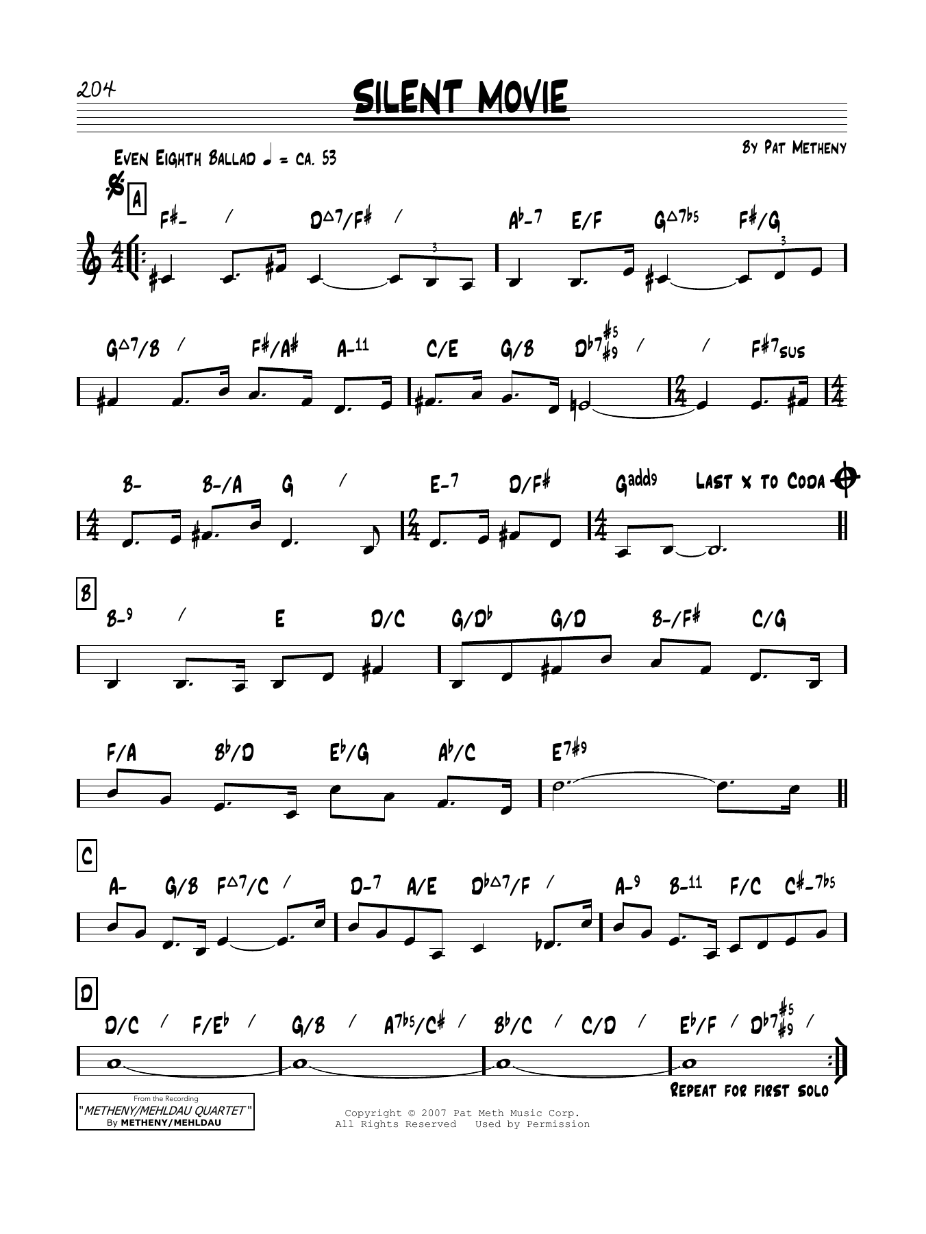 Pat Metheny Silent Movie sheet music notes and chords arranged for Real Book – Melody & Chords