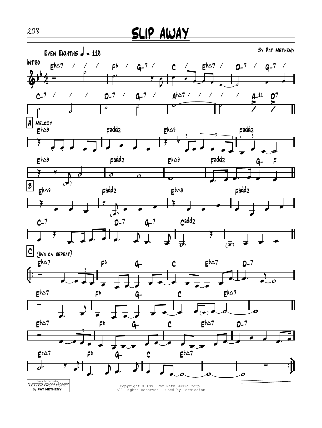 Pat Metheny Slip Away sheet music notes and chords arranged for Real Book – Melody & Chords