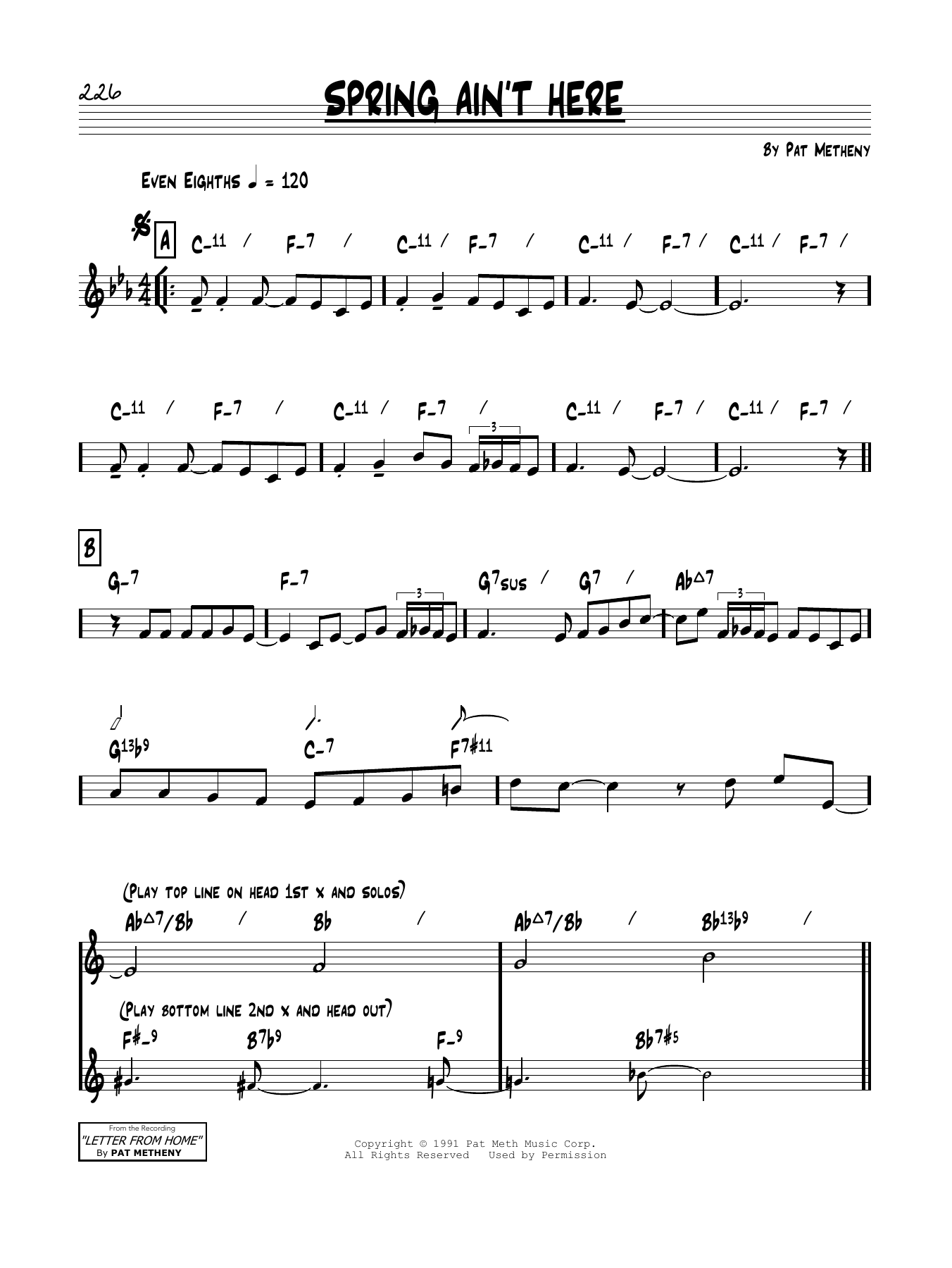 Pat Metheny Spring Ain't Here sheet music notes and chords arranged for Real Book – Melody & Chords