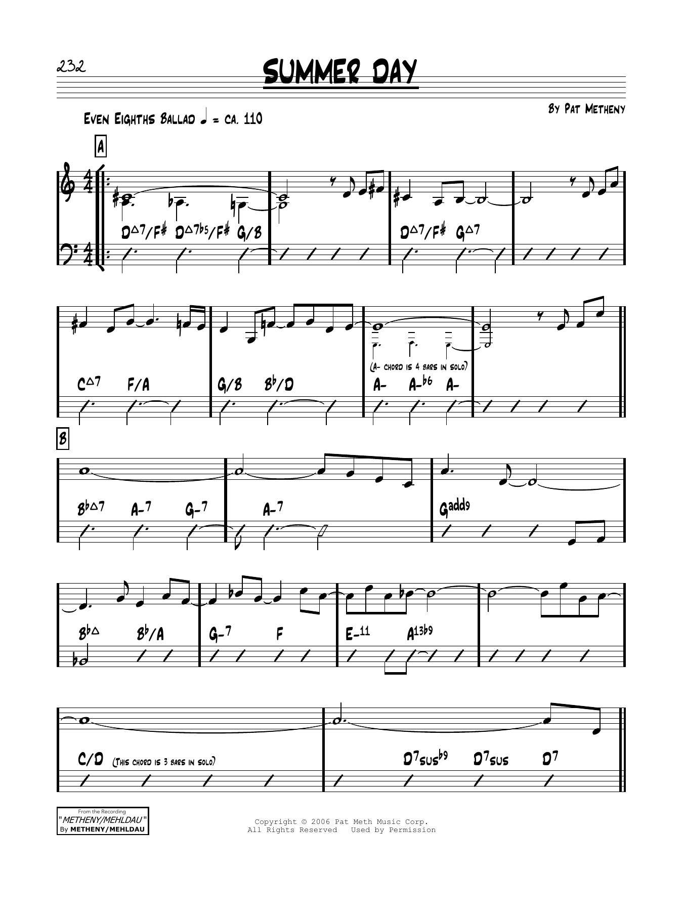 Pat Metheny Summer Day sheet music notes and chords arranged for Real Book – Melody & Chords