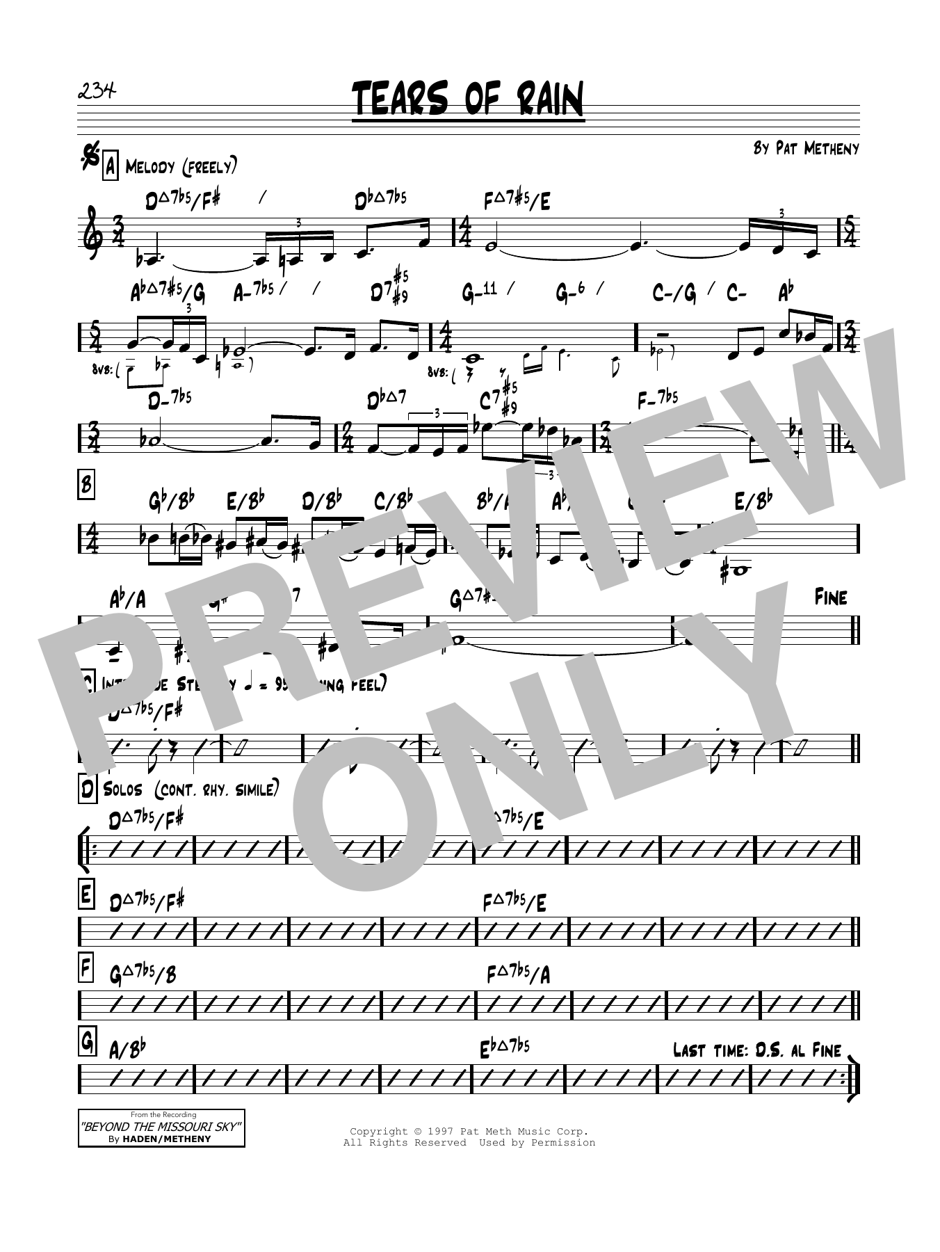 Pat Metheny Tears Of Rain sheet music notes and chords arranged for Real Book – Melody & Chords
