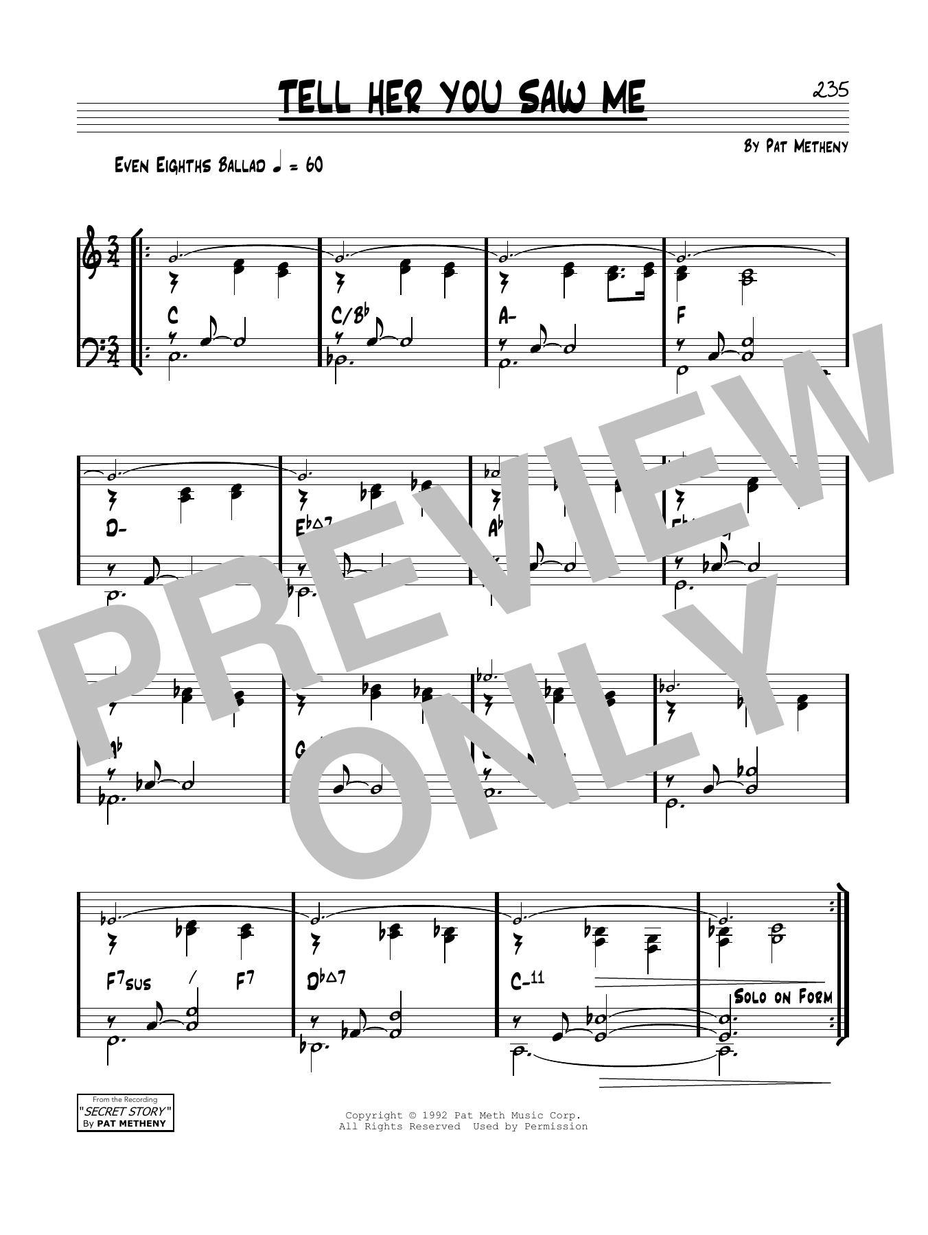 Pat Metheny Tell Her You Saw Me sheet music notes and chords arranged for Real Book – Melody & Chords