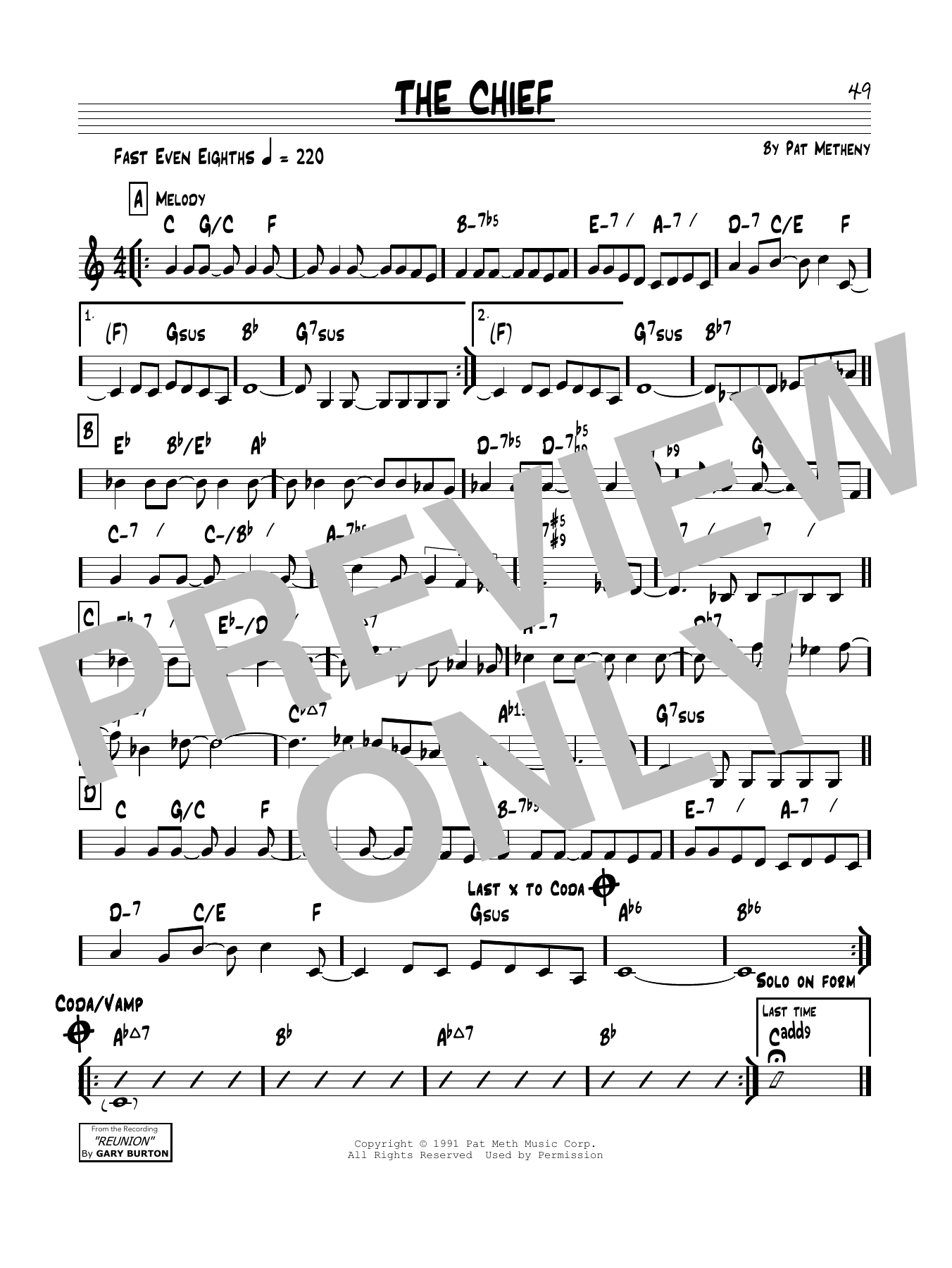 Pat Metheny The Chief sheet music notes and chords arranged for Real Book – Melody & Chords