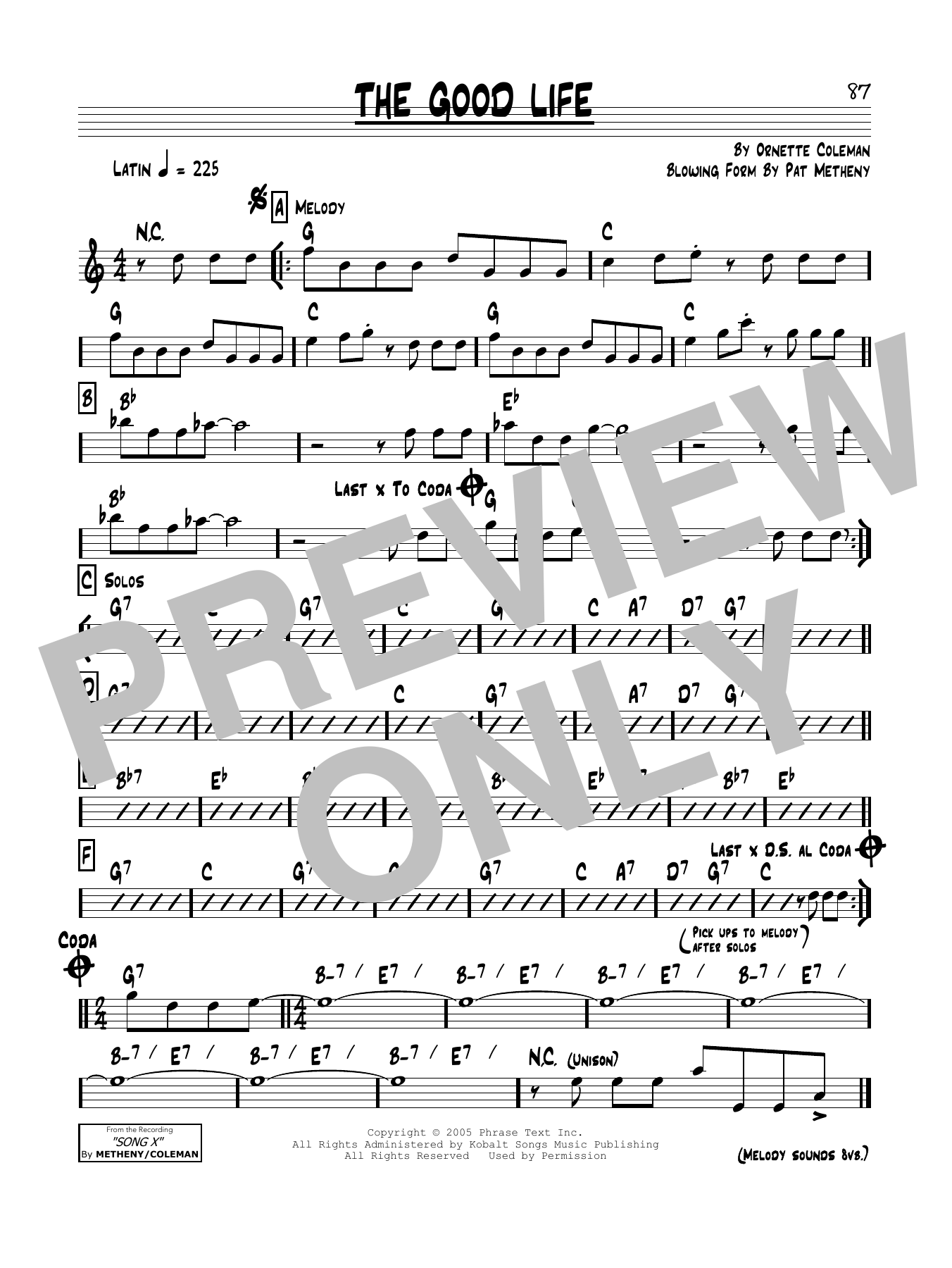 Pat Metheny The Good Life sheet music notes and chords arranged for Real Book – Melody & Chords