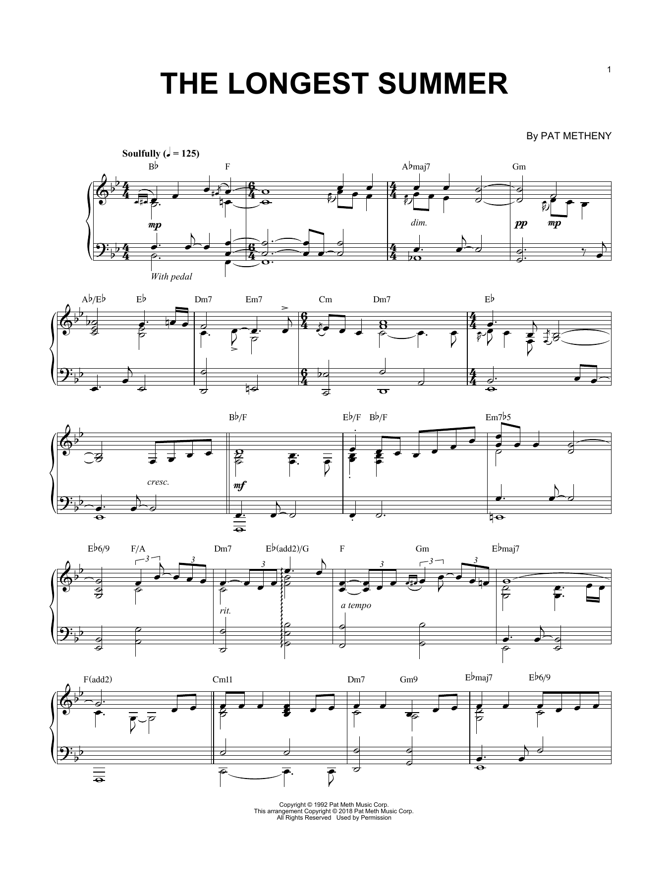 Pat Metheny The Longest Summer sheet music notes and chords arranged for Piano Solo