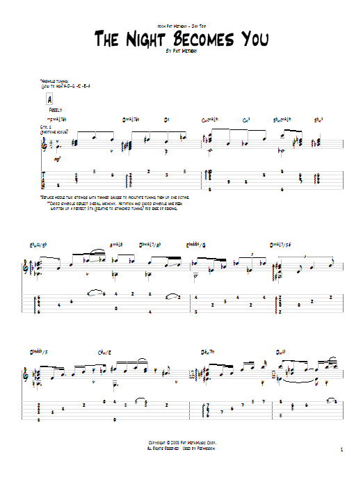 Pat Metheny The Night Becomes You sheet music notes and chords arranged for Guitar Tab