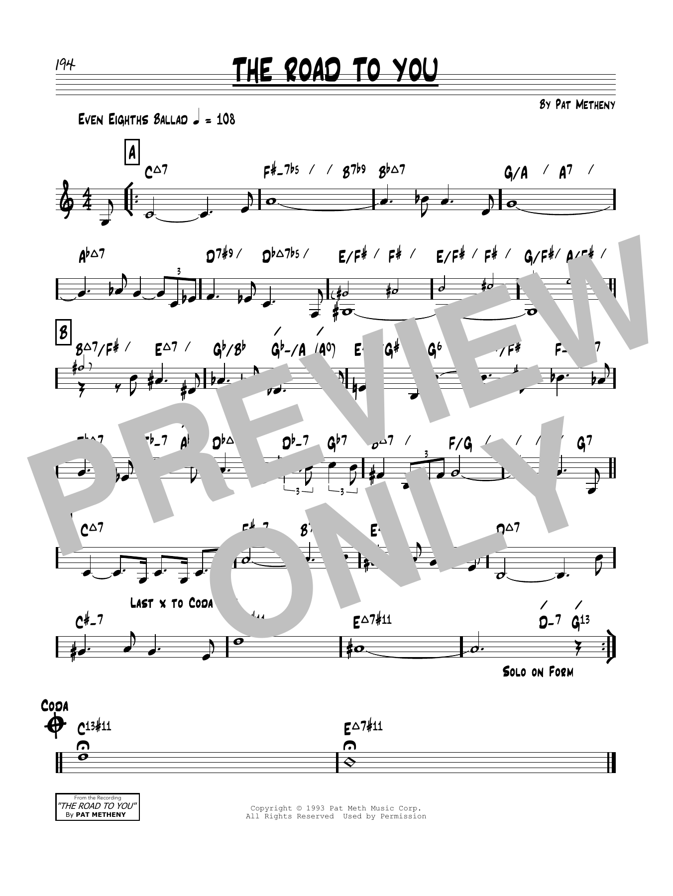 Pat Metheny The Road To You sheet music notes and chords arranged for Real Book – Melody & Chords