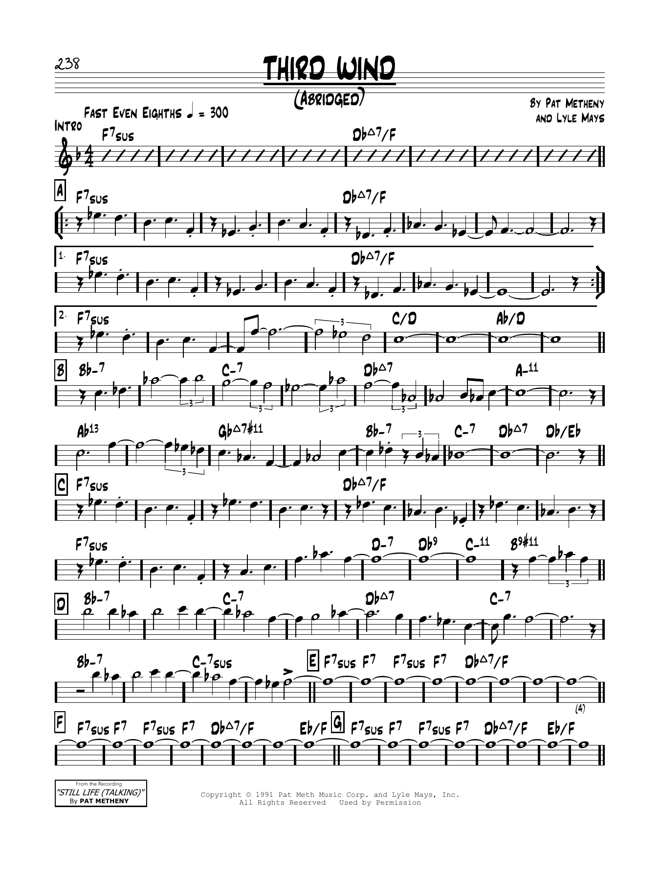 Pat Metheny Third Wind sheet music notes and chords arranged for Real Book – Melody & Chords